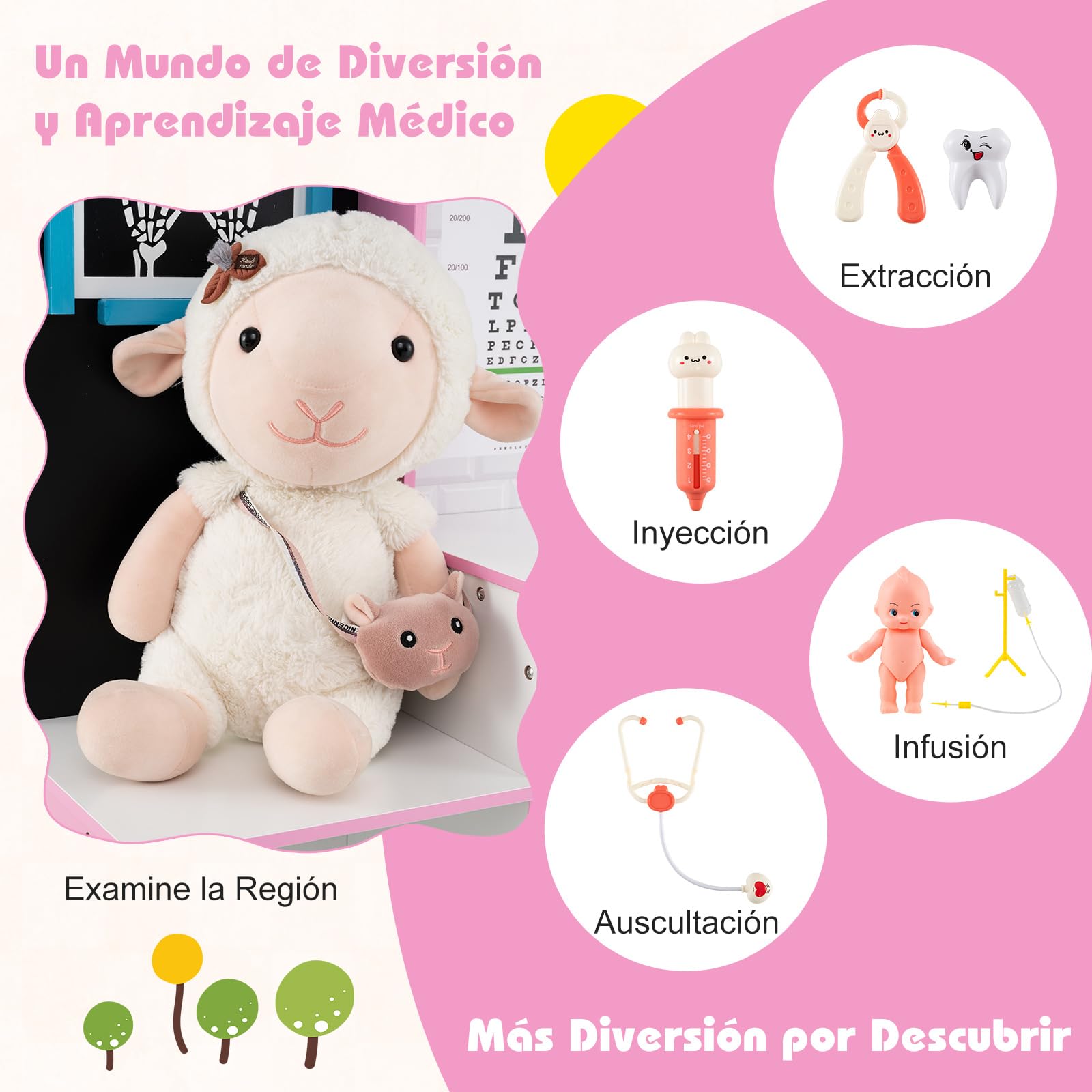 COSTWAY Centro Médico de Juguete, Juguete Médico Infantil de Madera con Zona de Examen, Película de Rayos X, Tabla Optométrica y Medidor de Altura, Hospital de Juguete con 29 Accesorios (Rosa)