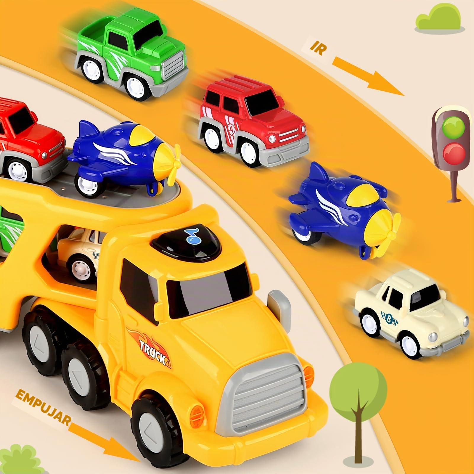 Aoskie Camion Transportador de Coches para Niños, 5 in 1 Coches Juguete con Sonido y Luces Regalo para Niños Bebe 1 2 3 4 Años