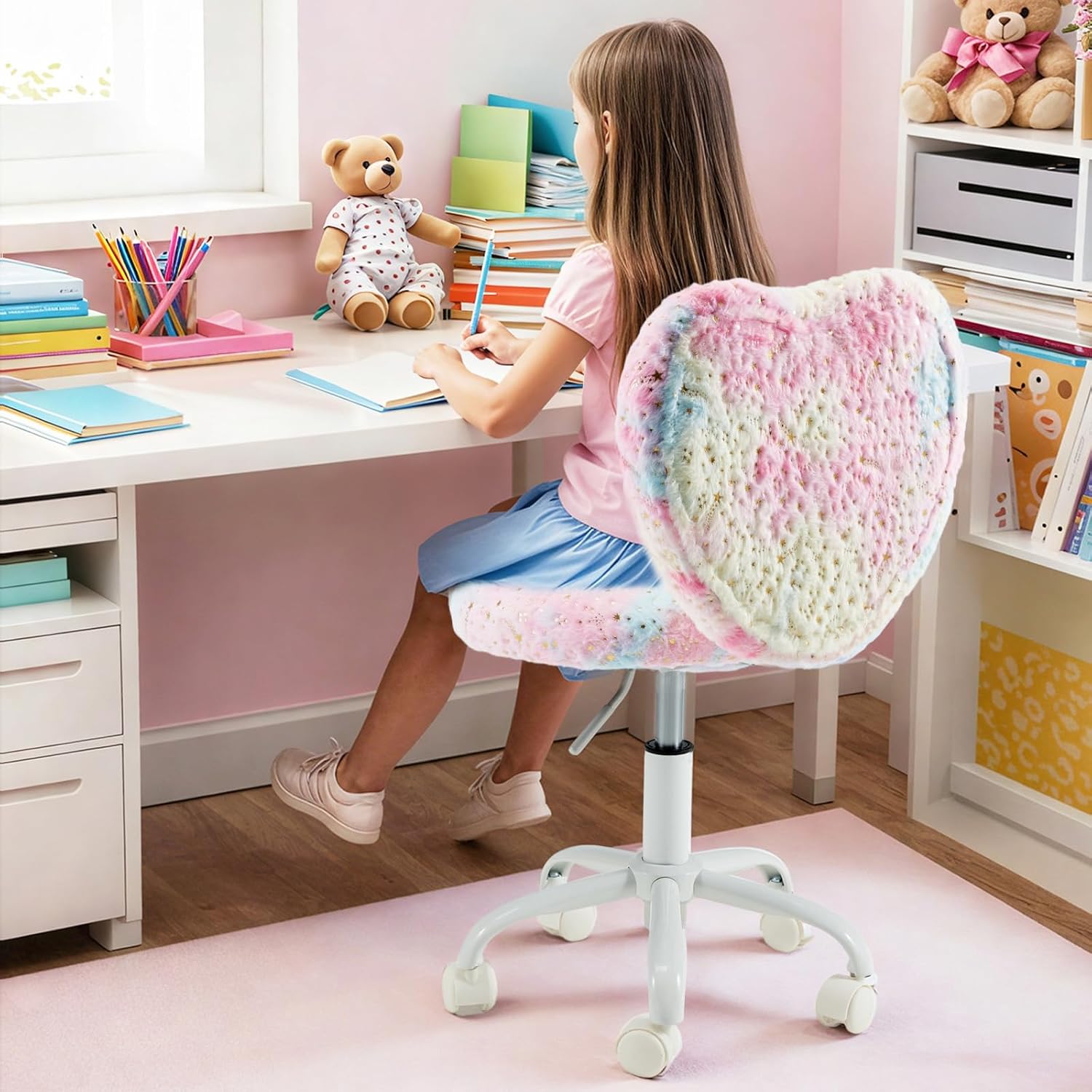 HOMREST Kids Desk Chair with Wheels, Cute Fluffy Desk Chair for Girls with Heart-Shaped Back, Adjustable Seat Height, Suitable for Bedroom & Reading Room, Colorful