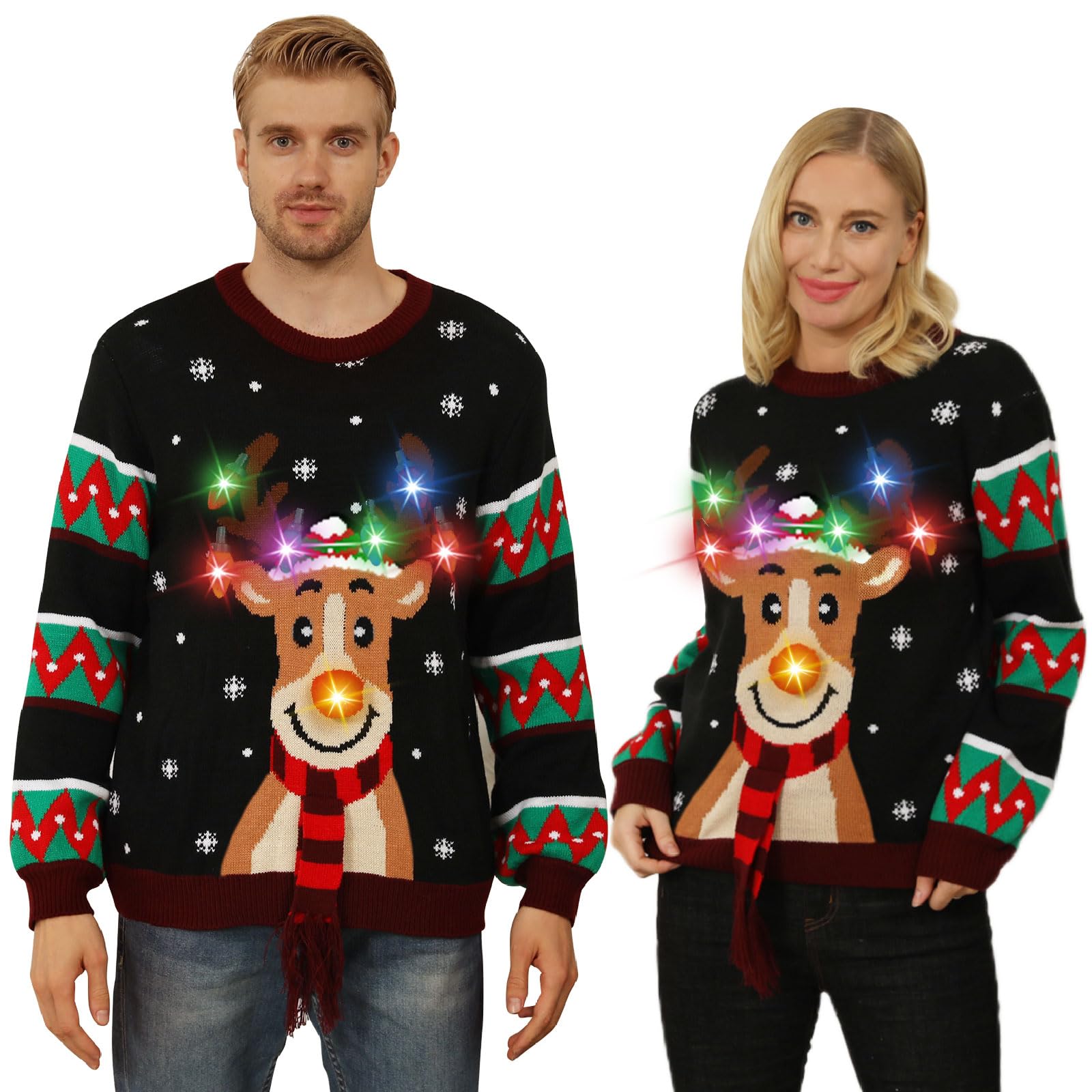 Maglione Natalizio con Luci, Maglioni Natalizi Famiglia Coppia Maglione Natale Uomo e Donna, Brutti Maglione Natalizio LED con Renna Stampato, Girocollo Ugly Christmas Sweater Maglioni di Natale