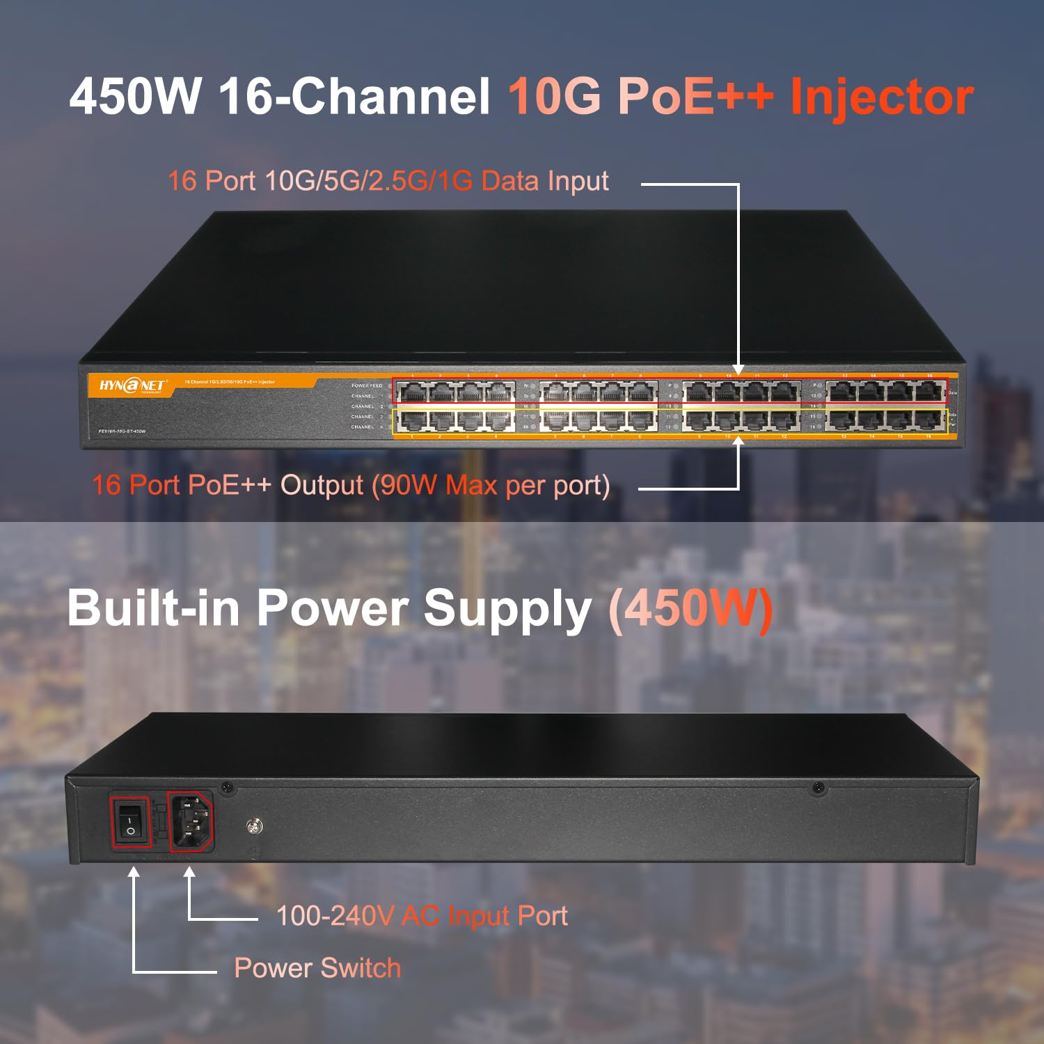 Injecteur PoE++ 16 ports 802.3bt 10G, 16 ports 90 W PoE++@450 W, 1G/2.5G/5G/10 Gbps PoE++ Midspan (modèle : PE916R-10G-BT-450W)