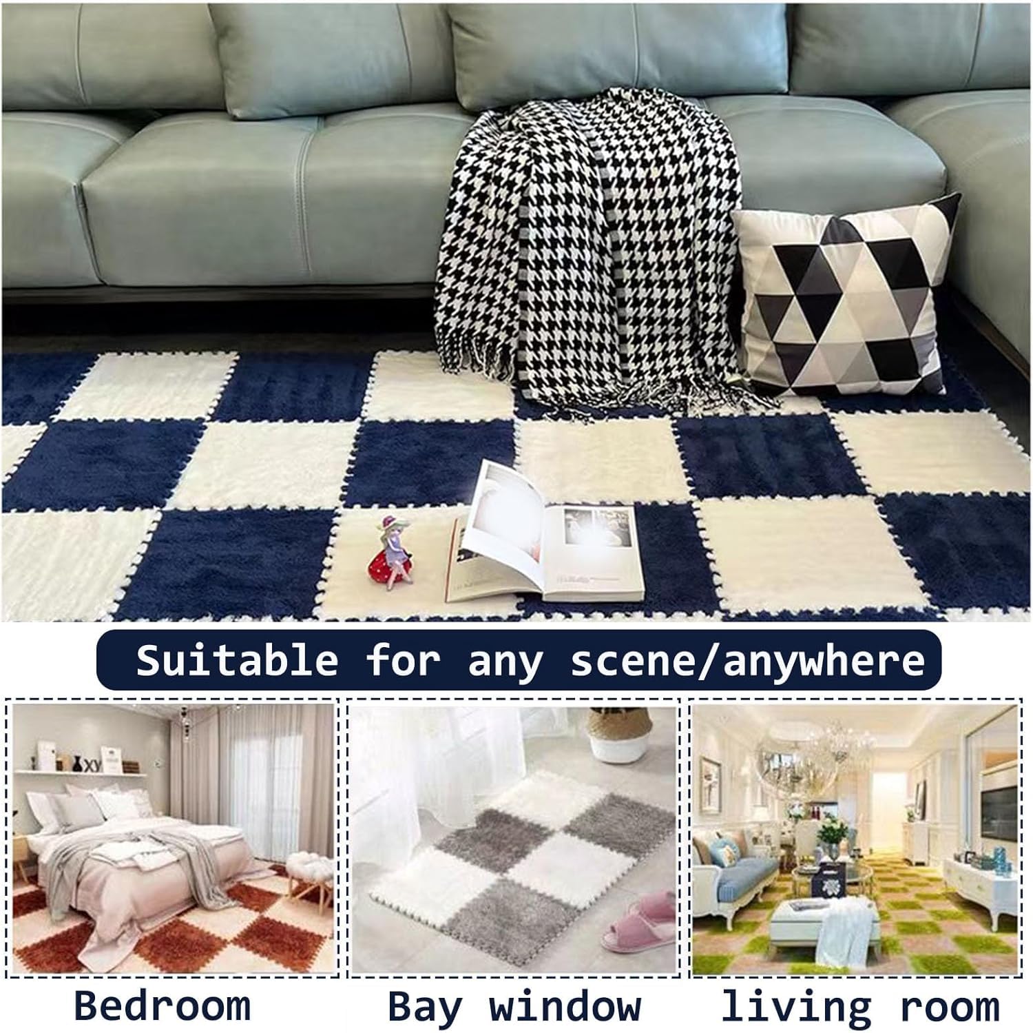 10 Stück Plüsch-Patchwork-Schaumstoff-Bodenmatte, quadratische ineinandergreifende Matten, Puzzle-Schaumstoff-Bodenmatte(White+Gray)