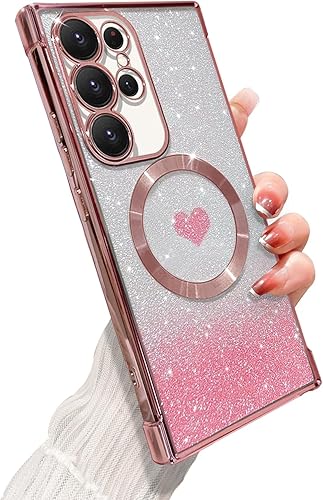 Funda magnética para Samsung Galaxy S22 Ultra, para mujeres y niñas, suave chapado de lujo, degradado, con purpurina, bonita funda de corazón,