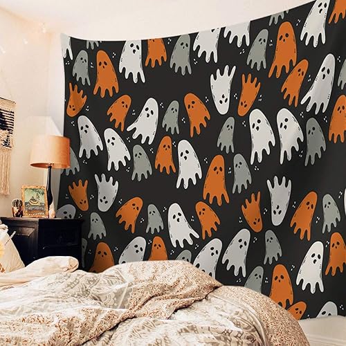 Miniatura 3 de Tapiz de Halloween para colgar en la pared, tapiz de fantasmas de dibujos animados, tapiz estético naranja y blanco para dormitorio, sala de estar,