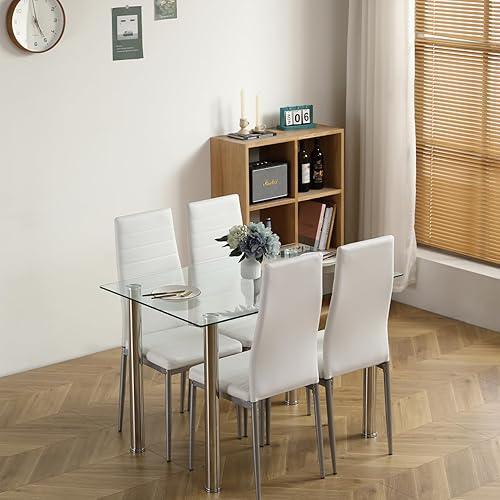 Miniatura 6 de i-POOK Juego de mesa de comedor de cristal para 4, mesa de comedor rectangular de vidrio de 43 pulgadas con 4 sillas de comedor tapizadas de