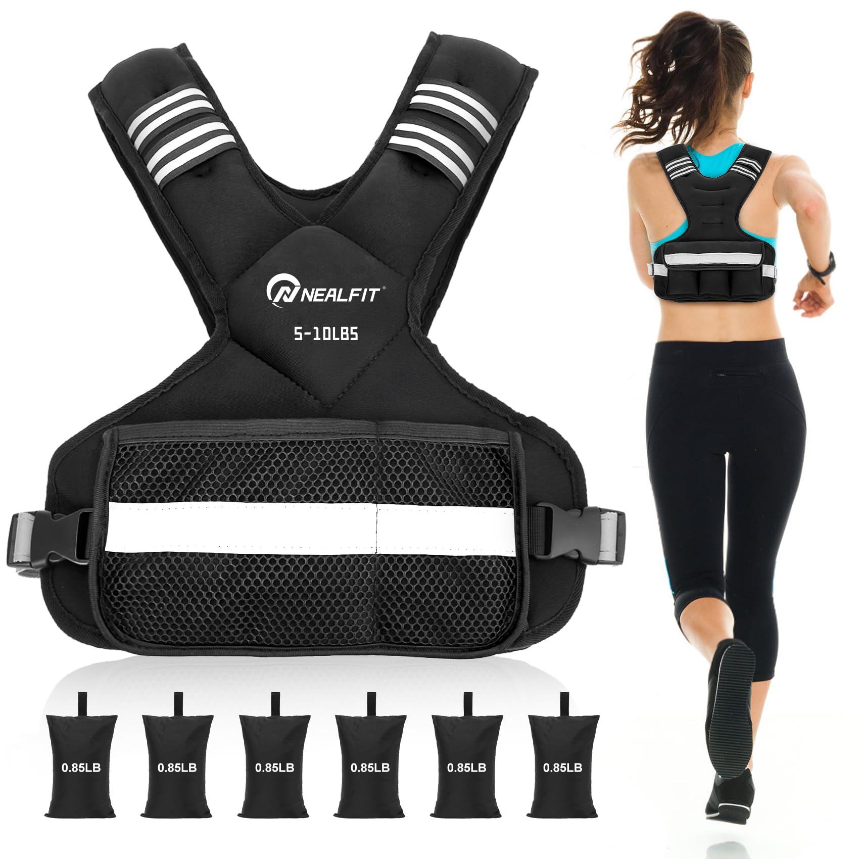 NEALFIT Weighted Vest for Women and Men, 5-10lb/11-20lb/18-30lb Adjustable Weighted Vest with Reflective Strip, Body Weight Vest for Walking, Running,