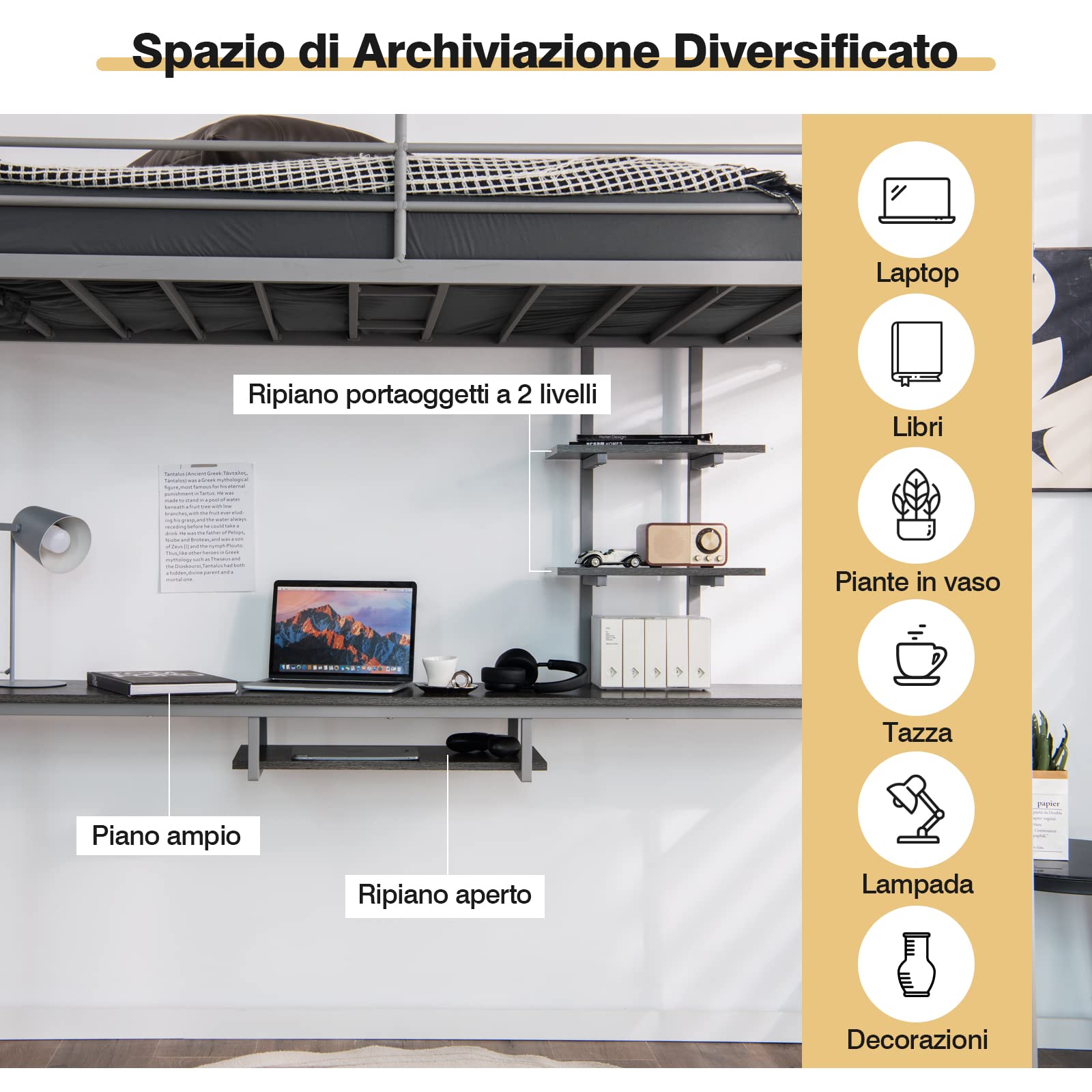 COSTWAY Letto a Soppalco in Metallo, Struttura del Letto Salvaspazio con 2 Scale e Scrivania, Letto a Doghe Ideale per Adolescenti e Adulti, 200x95x180,5 cm (Argento)