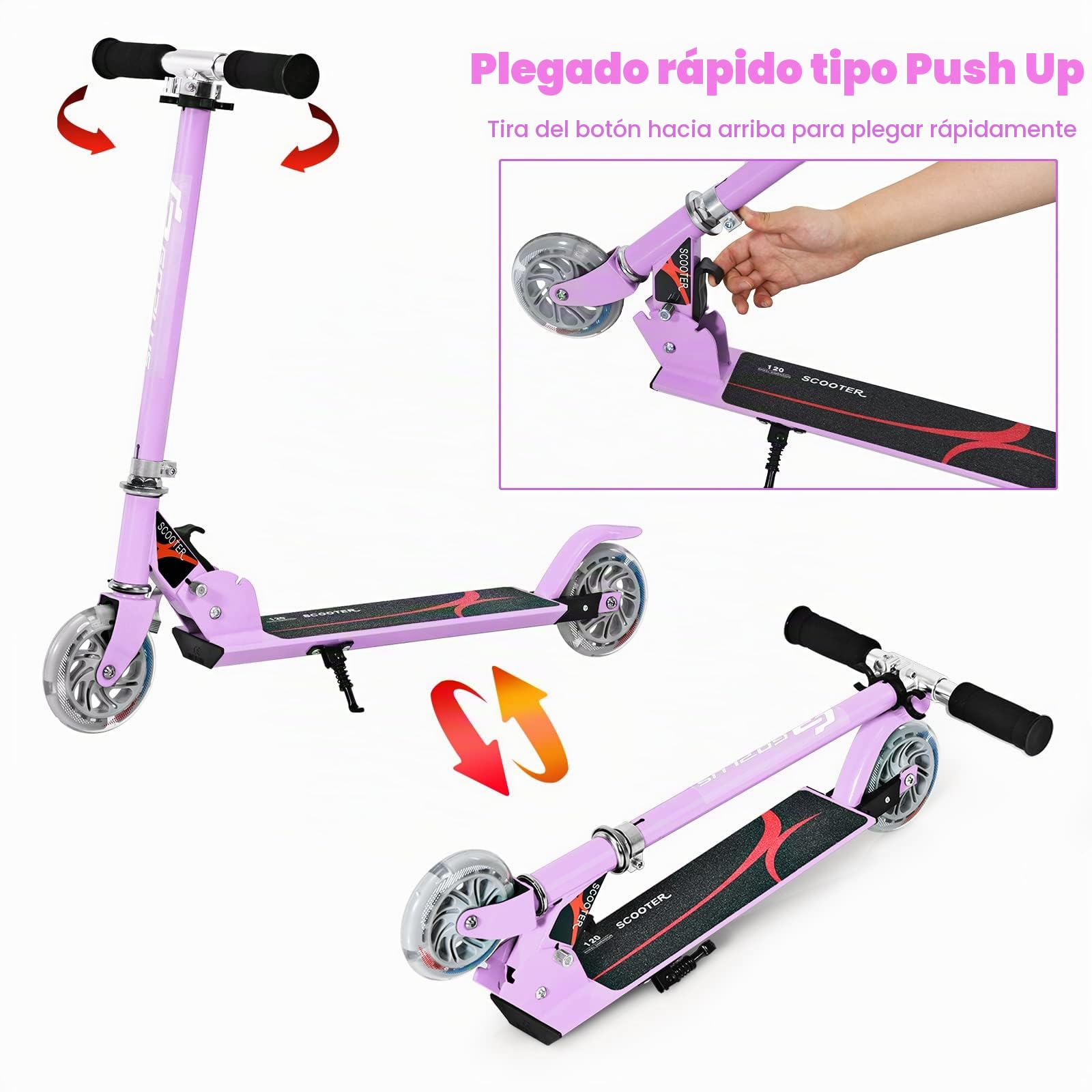 GYMAX Patinete Infantil Plegable, Patinete Infantil con 2 Ruedas LED, Patinete con 3 Alturas Ajustables, Scooter hasta 70 kg de Carga, Patinete para Niños y Niñas 4 Años +