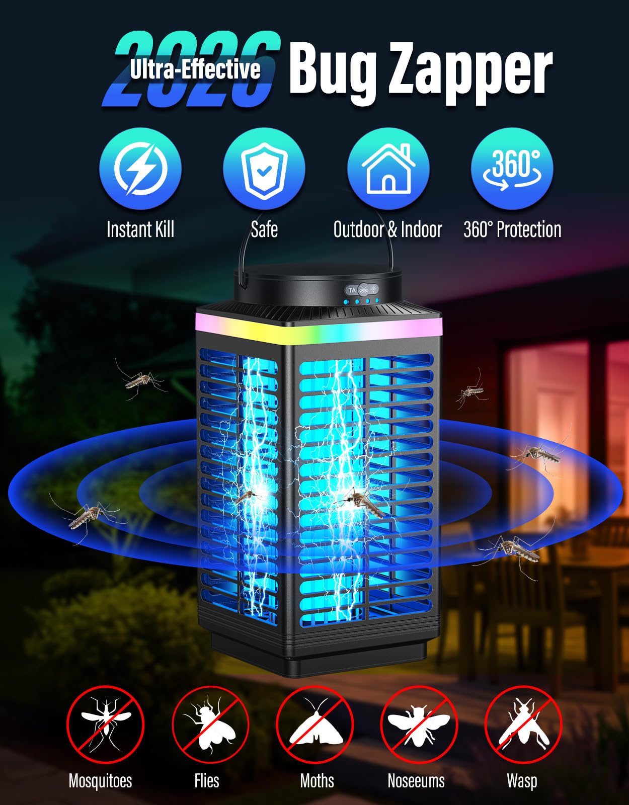 Bug Zapper Outdoor Kabellos, 4200V Elektrischer Mückenzapper mit LED Blaulicht, 3 in 1 Tragbarer & Wiederaufladbarer Bug Zapper Outdoor Wasserdicht IP67, Kabelloser Hängender Fliegenvernichter für