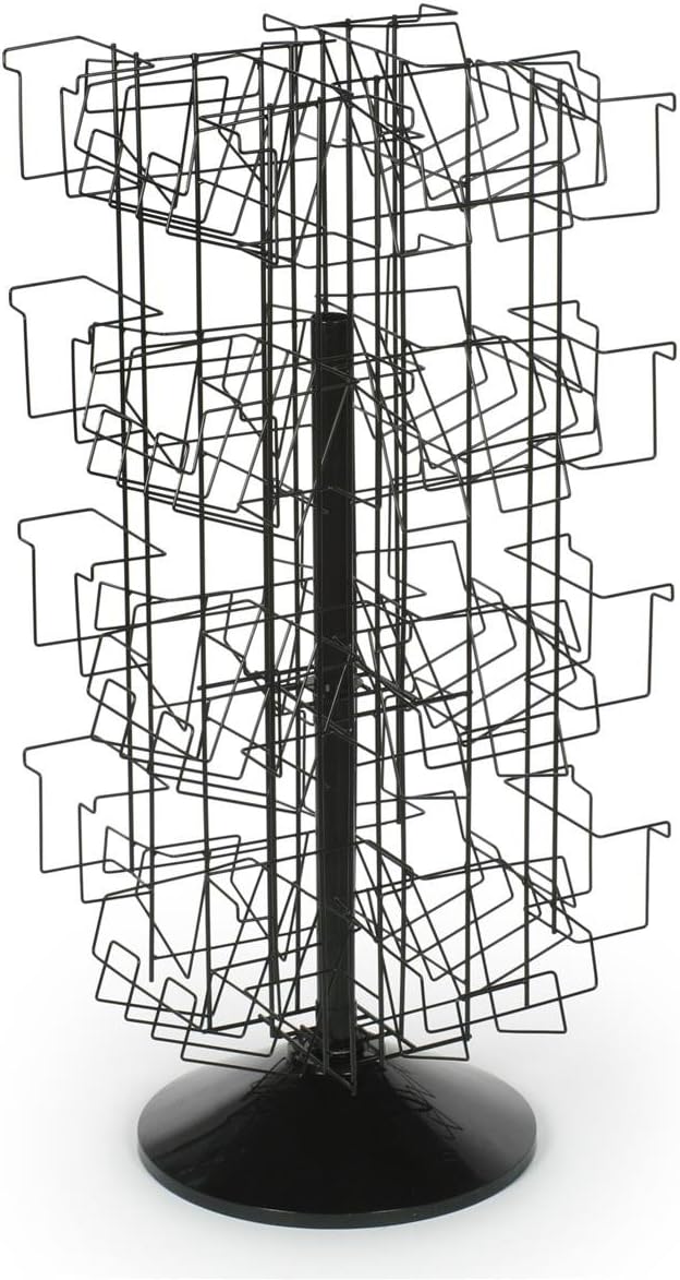 Wire Display Rack for Books, Floor-Standing Fixture with Adjustable Height Pole - 43 to 54.25 Inch, Thirty-Two Pockets in Three Different Sizes - Black Welded Wire with Plastic Base
