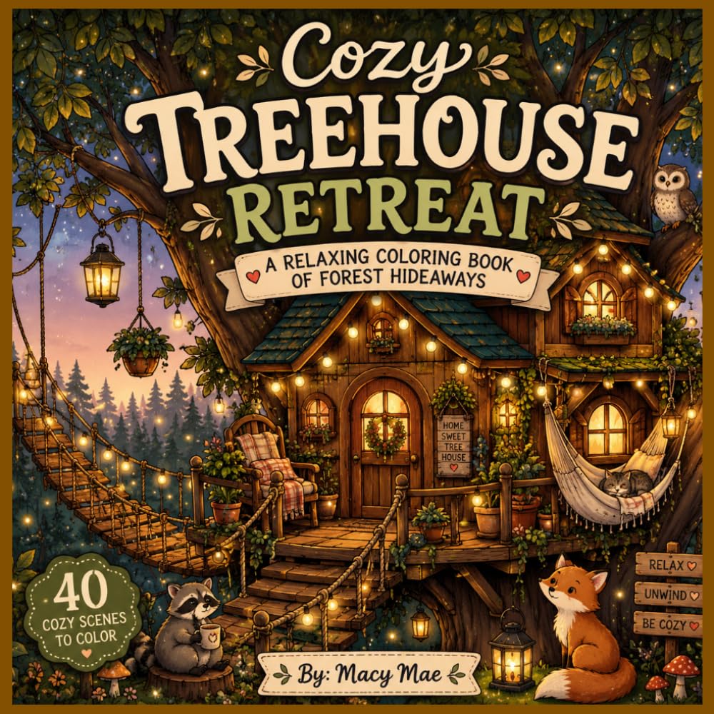 Cozy Treehouse Coloring Book: Big & Bold Relaxing Treehouse Scenes for Kids, Teens & Adults (Cozy collection)