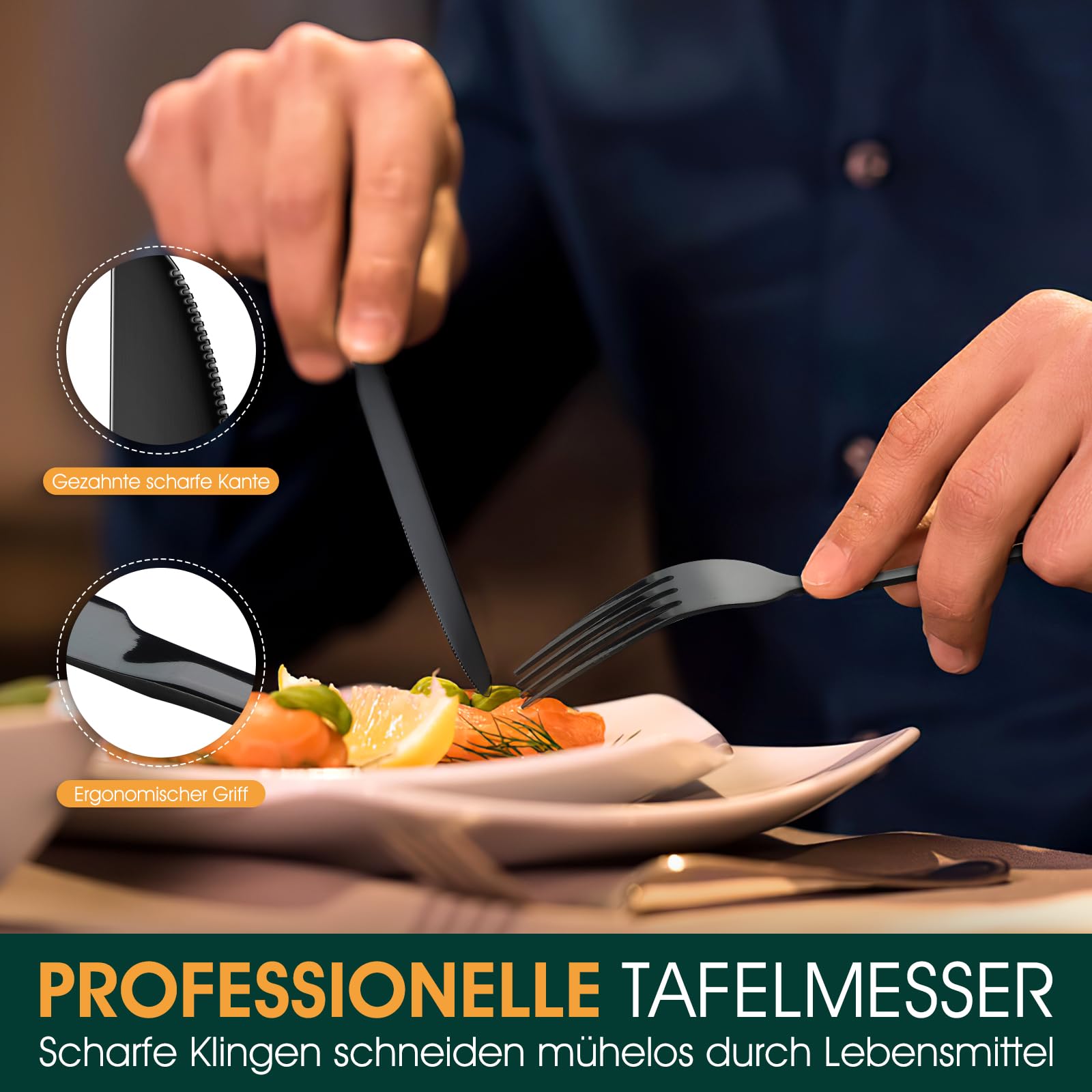 TAN REN Besteck Set Schwarz 8 Personen, 48-teiliges Edelstahl Besteckset mit Steakmesser, Elegantes Essbesteck mit Messer Gabel Löffel, Tafelbesteck für Küche/Restaurant