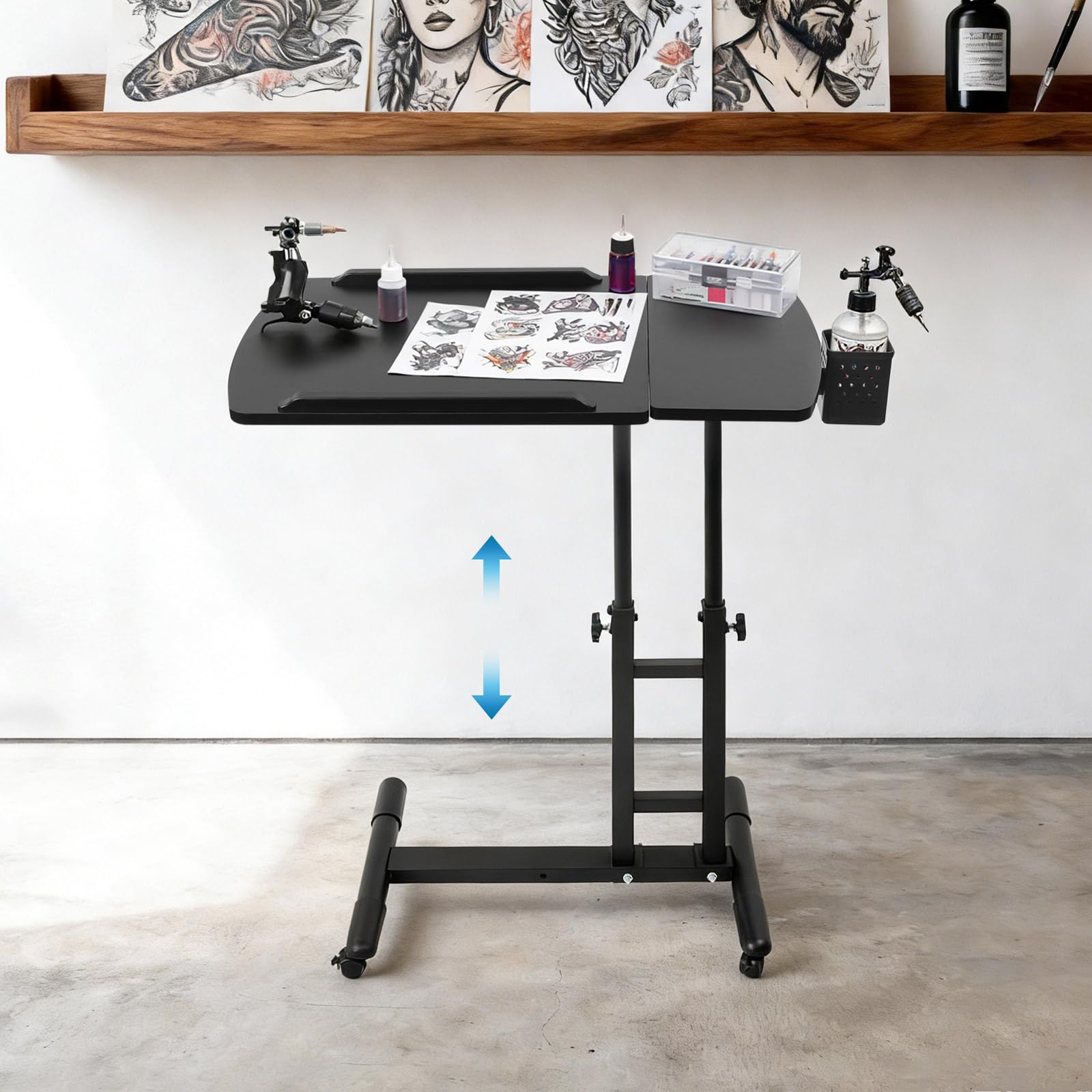 Tattoo Workstation - Mesa de trabajo para tatuajes (64 – 40 cm, altura ajustable, con ruedas universales y marco de lápices extraíble y banco de trabajo doble, para tatuajes y belleza)
