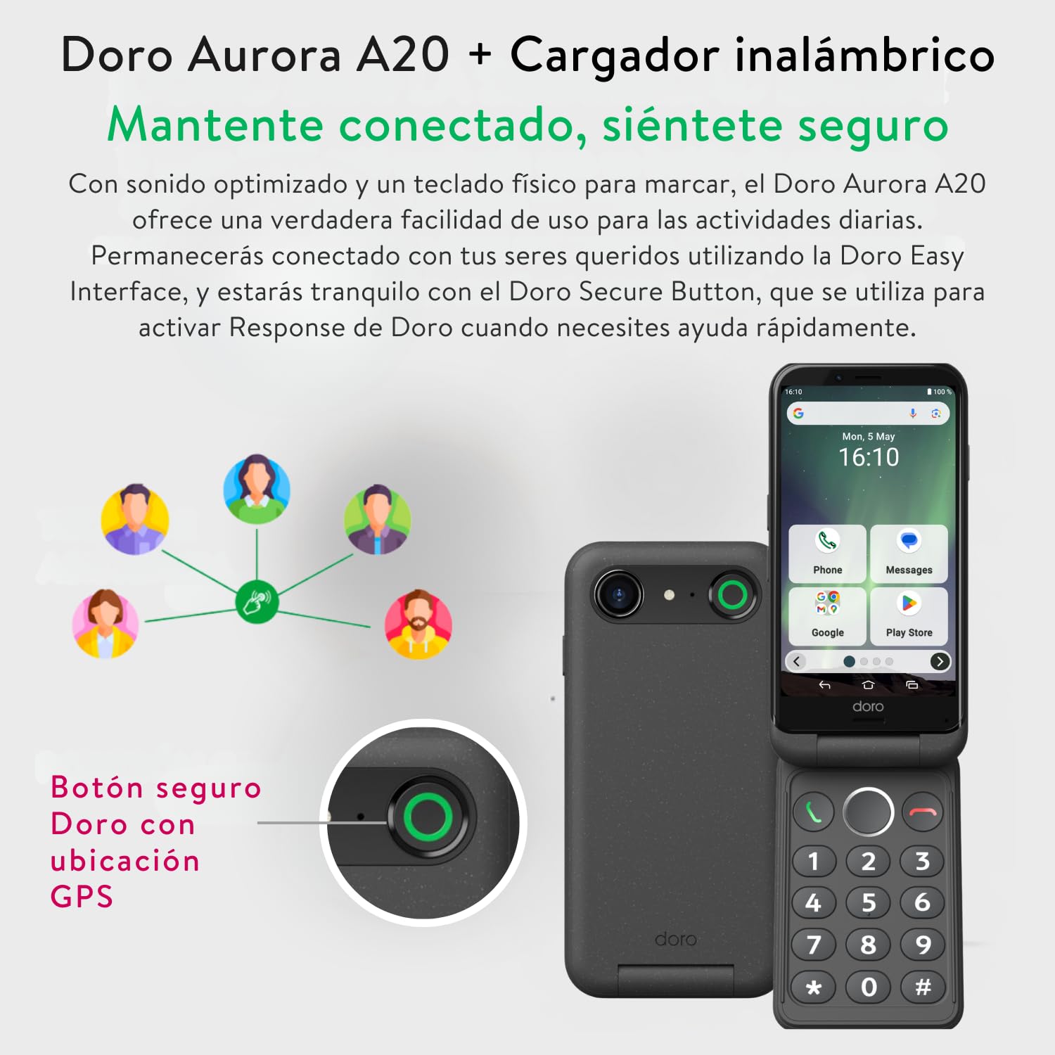 Doro - Pack Smartphone Aurora A20 - Base de Carga inalámbrica - Teléfono móvil con Tapa para Personas Mayores - Botón de Asistencia - GPS - Compatible con audífonos - Cable USB Incluido - Grafito