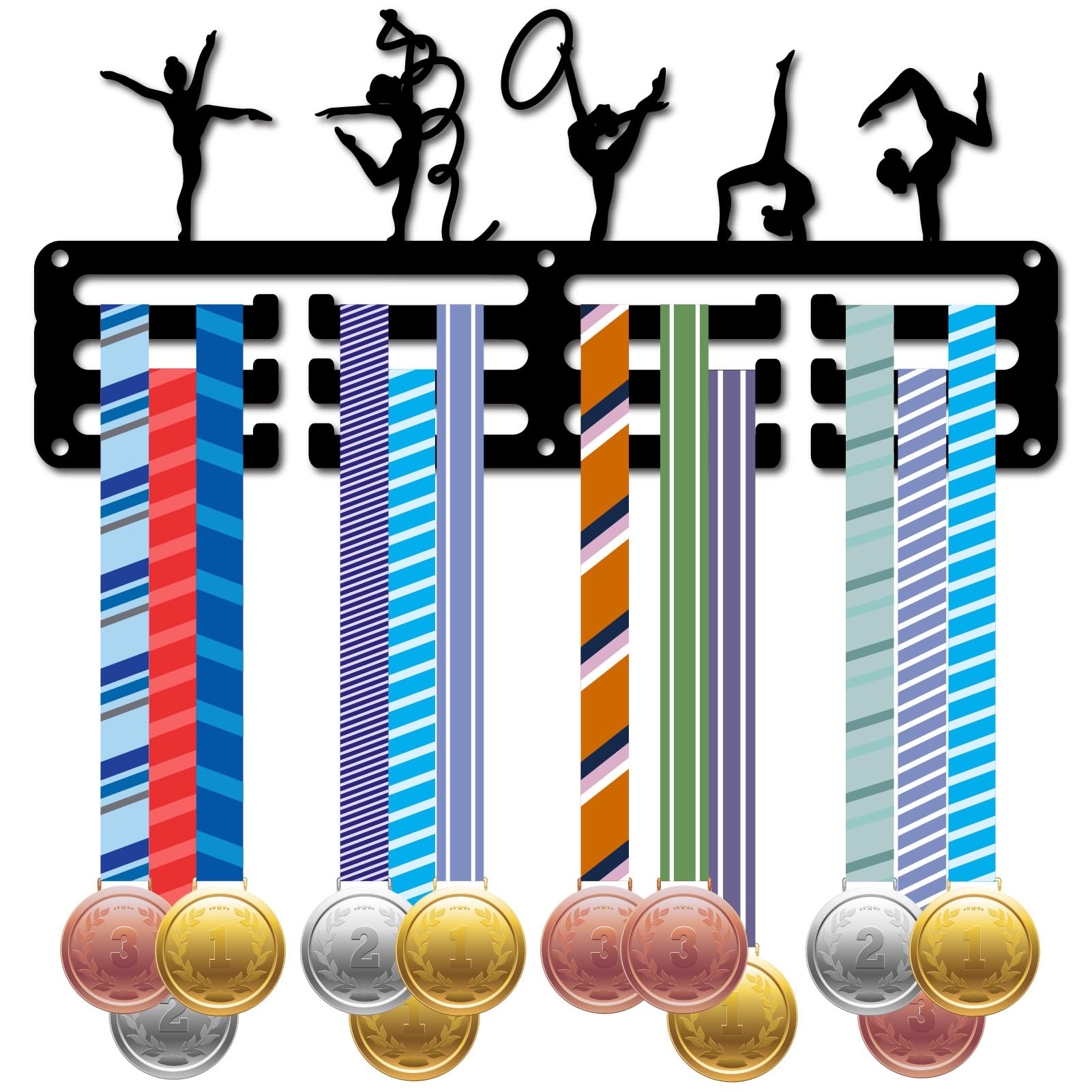 CREATCABIN Soporte Medallas Gimnasia Colgador Exhibición Organizador Medallas Metal Marco Soporte Hierro 12 Gancho Medallas Negras 3 líneas Colgador Montado En Pared Corredor Triatlón Fútbol 29x13cm