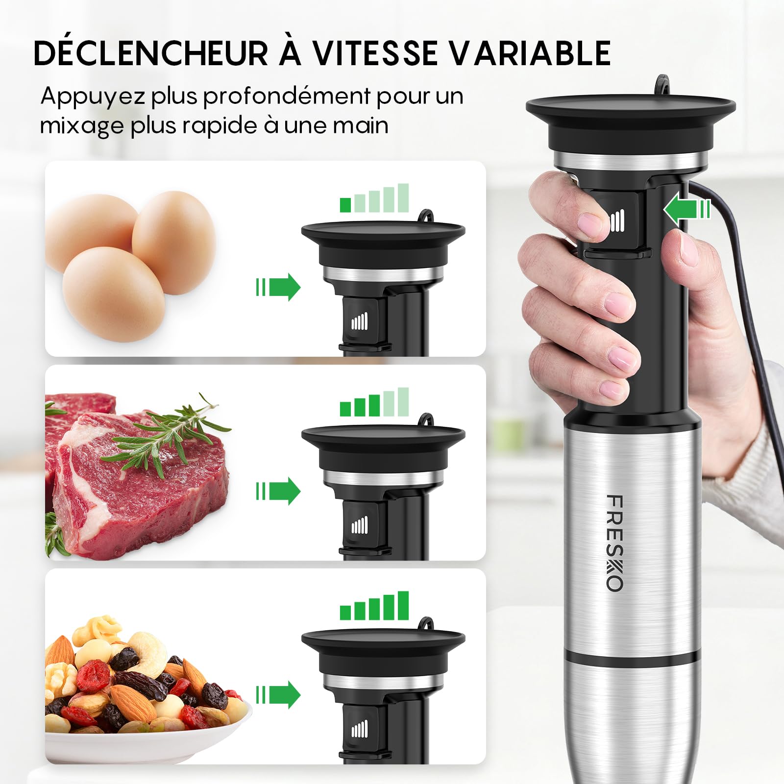 FRESKO Set Mixeur Plongeant 1000W, Mixeur Pied Inox avec Protection, Fouet, Hachoir & Verre Doseur, Vitesses Réglables pour Aliments Bébé, Soupe, Smoothies - 4