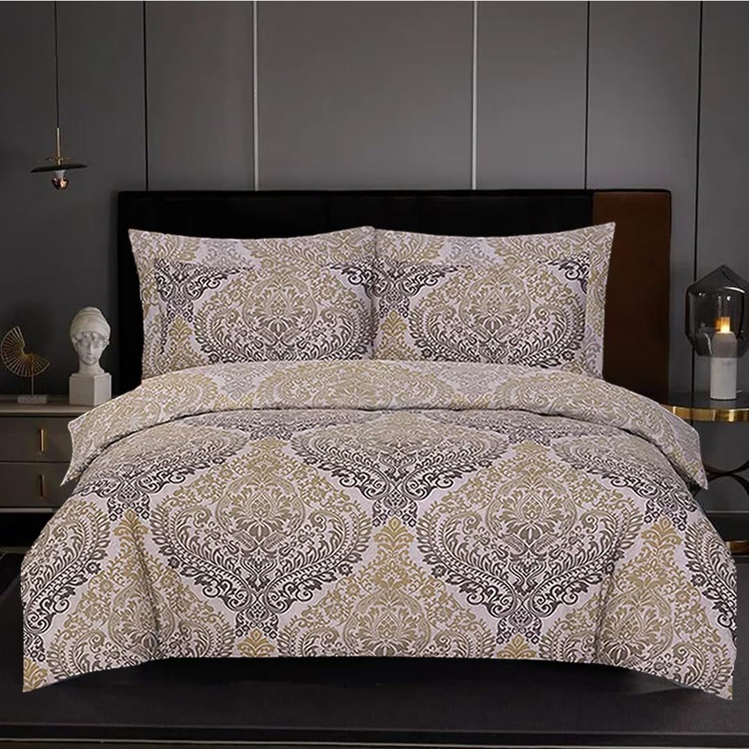 ZIYA HOMES Double Duvet Cover Set Polycotton 3 Piece - Printed Reversible Bedding, Soft Easy Care Quilt Cover with Pillowcases (Damask Ochre, 200x200 cm)