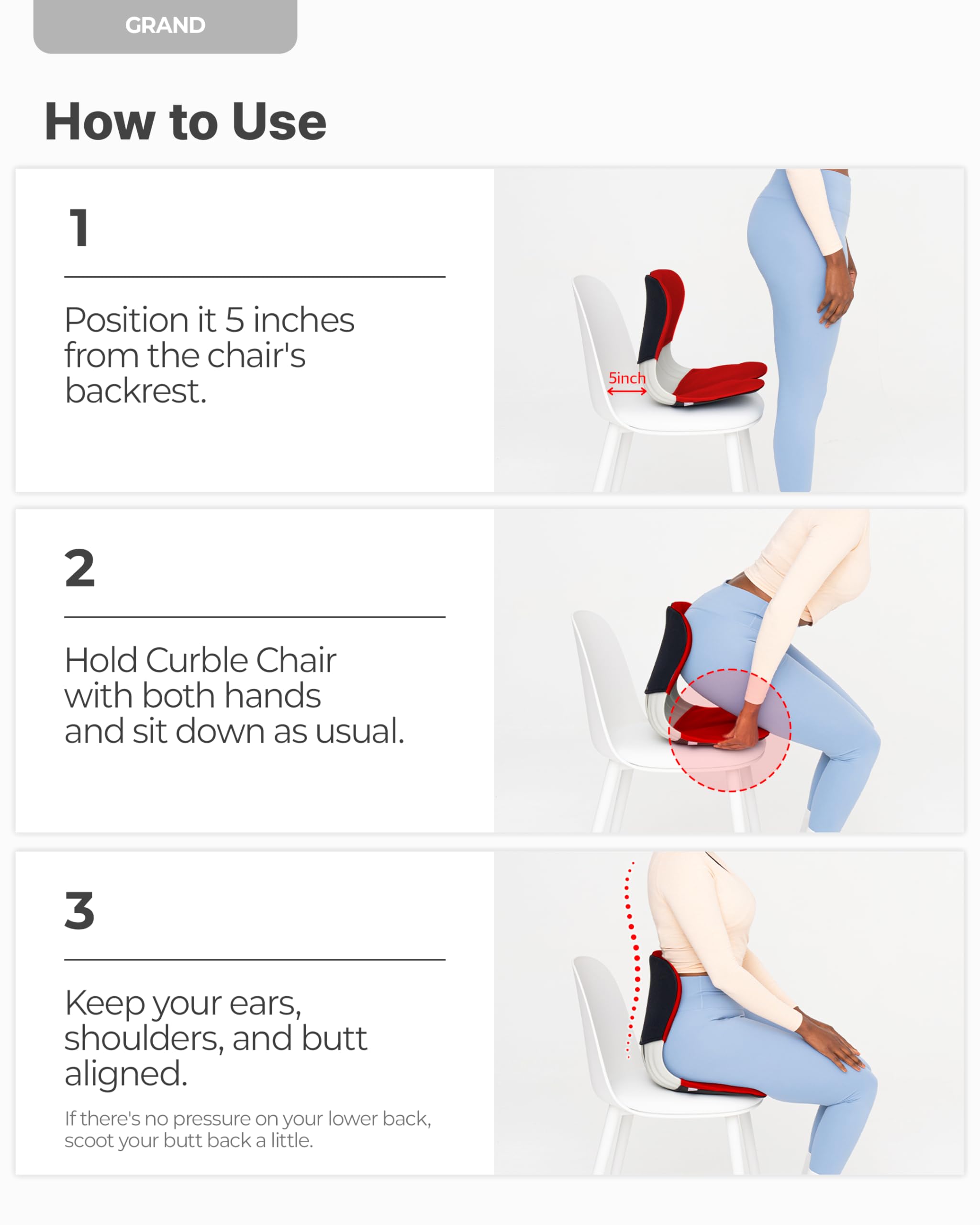 curble GRAND COVER SET - Silla ergonómica de apoyo para la espalda y funda desmontable, soporte lumbar para corrector de postura de espalda y alivio del dolor de espalda baja, perfecto para silla de