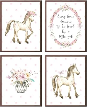 Silly Goose Gifts Horse Wall Art Every Horse Deserves To Be Loved By A Little Girl Pink Flowers Pony Set of 4 Prints Pictures