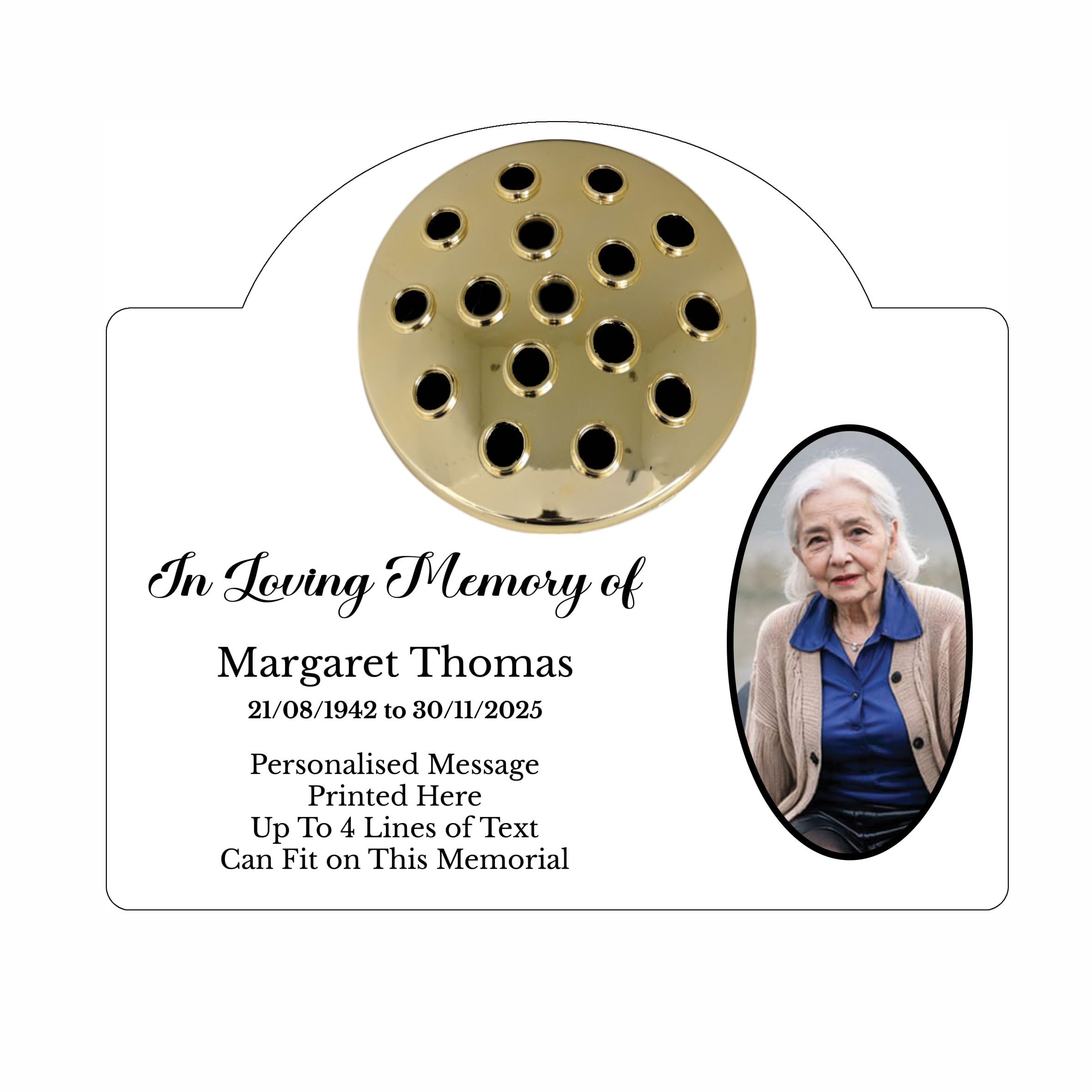 1stclassgifts Personalised Metal Grave Stone Marker Headstone Memorial Plaque, In Memory Sign Remembrance Your Photo Grave Vase Flower Holder (UV PRINTED) (White, Gold Lid)