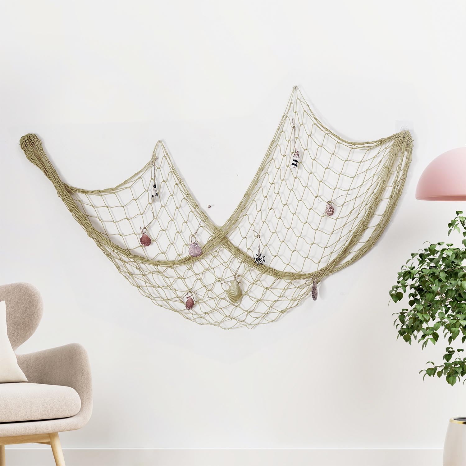 YULIAO 2 Pezzi Rete Decorativa Mare con Conchiglie, Beige Rete da Pesca Decorativa in Stile Mediterraneo, Rete da Pesca per Decorazione Feste, per la Tua casa o Ristorante (200x150cm e 200x100cm)