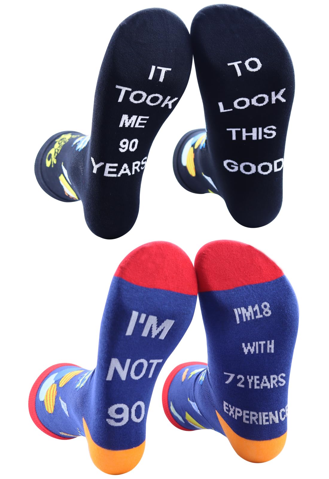 2 pares de calcetines de 90 cumpleaños para hombres y mujeres, calcetines divertidos cosidos, regalos divertidos para mamá y papá