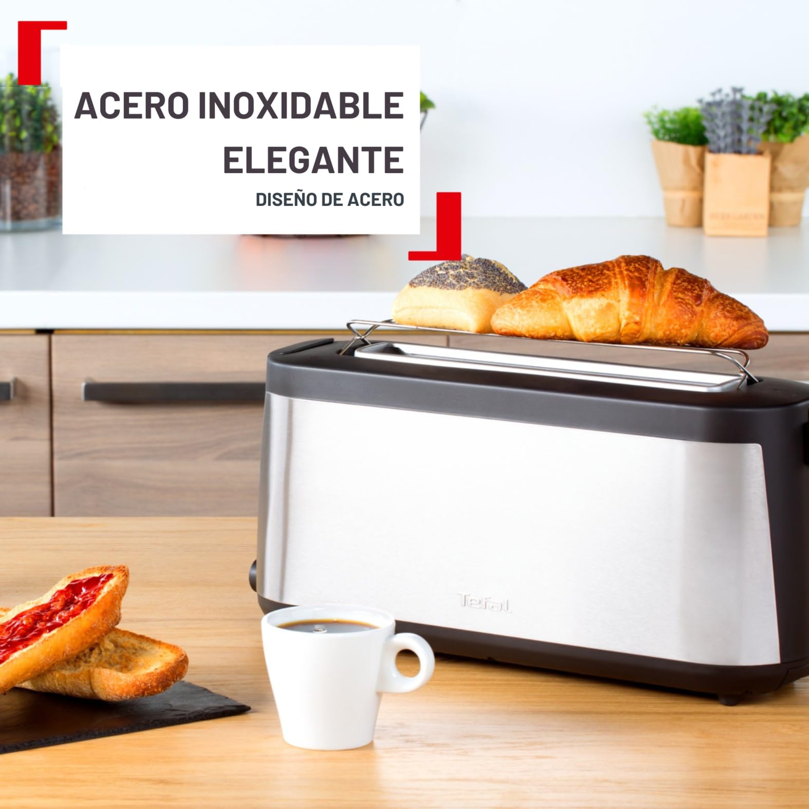 Tefal Tostadora Element, 1 ranura larga de 25 cm, 7 niveles de tostado, 1000 vatios, Rollo integrado, Diseño elegante, Negro y acero inoxidable, TL4308