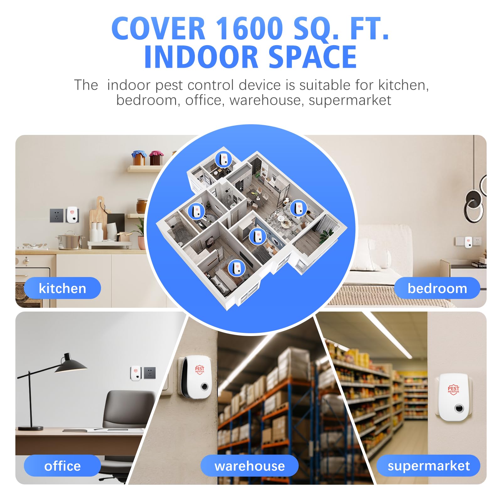 Repelente ultrasónico de plagas enchufable en interiores, control electrónico avanzado de plagas para el hogar, oficina, cocina, almacén, hotel, roedor, araña, cucaracha, mosquito, disuasorio de