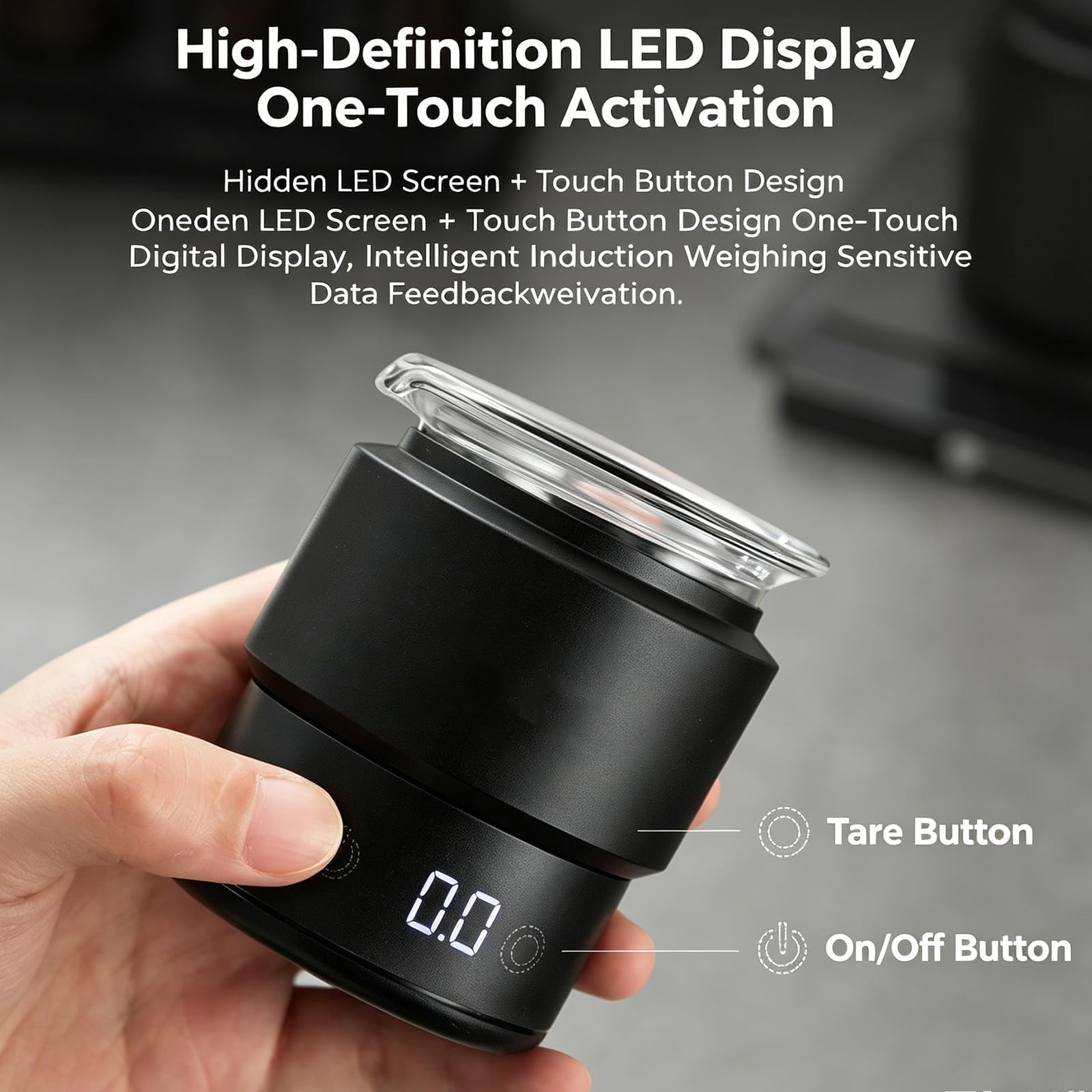 Taza dosificadora de café con báscula, herramienta de medición de espresso de 58 mm, con vidrio graduado de 60 ml, 0,1 g de alta precisión, rango de medición de 0,5 g-500 g, pantalla táctil LED, para