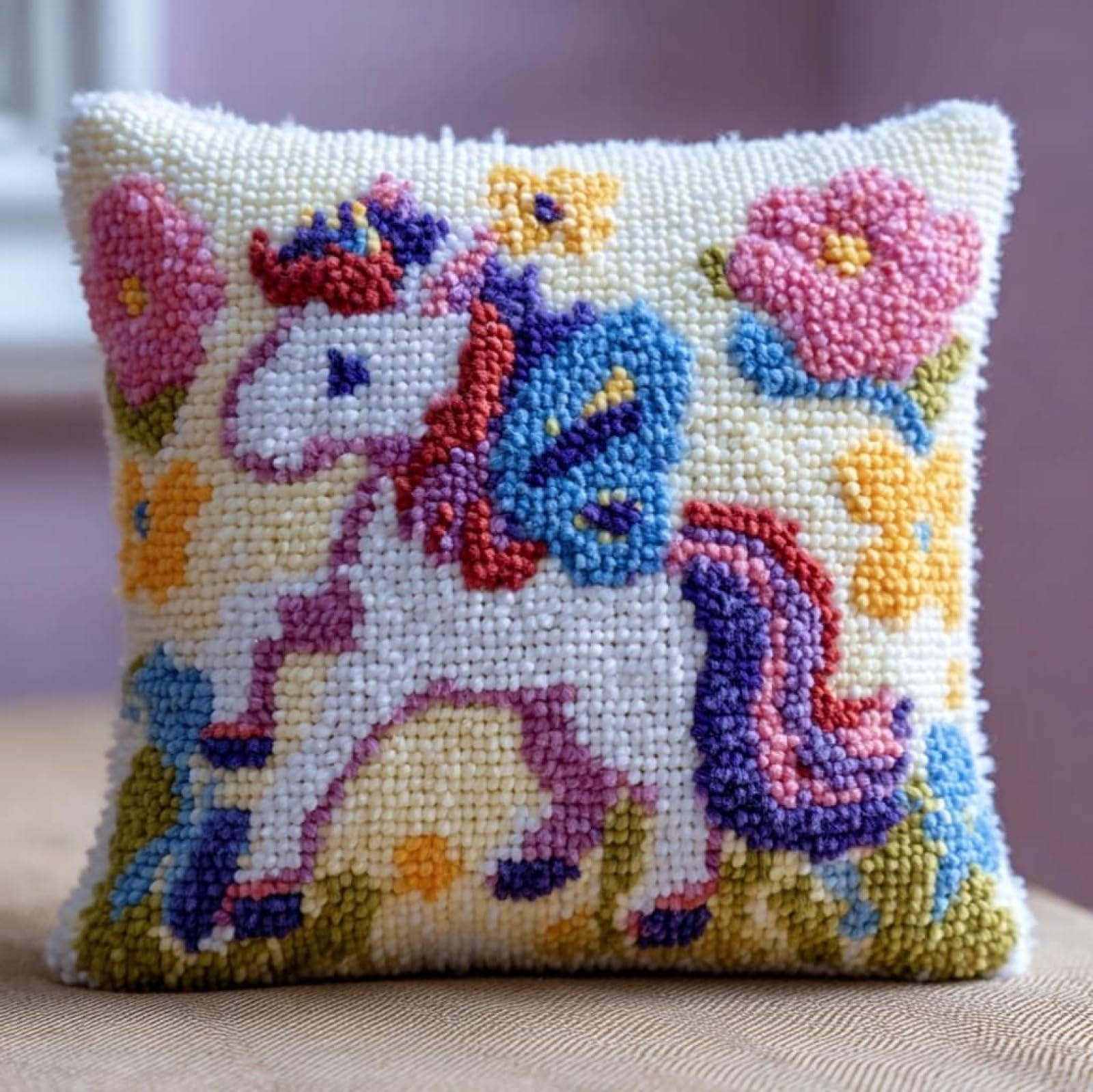 AxiangziK Latch Hook Pillow Craft Kit,Horse and Butterfly 43x43cm/17x17Inch,Complete Starter Kit for Beginners & Craft Enthusiasts