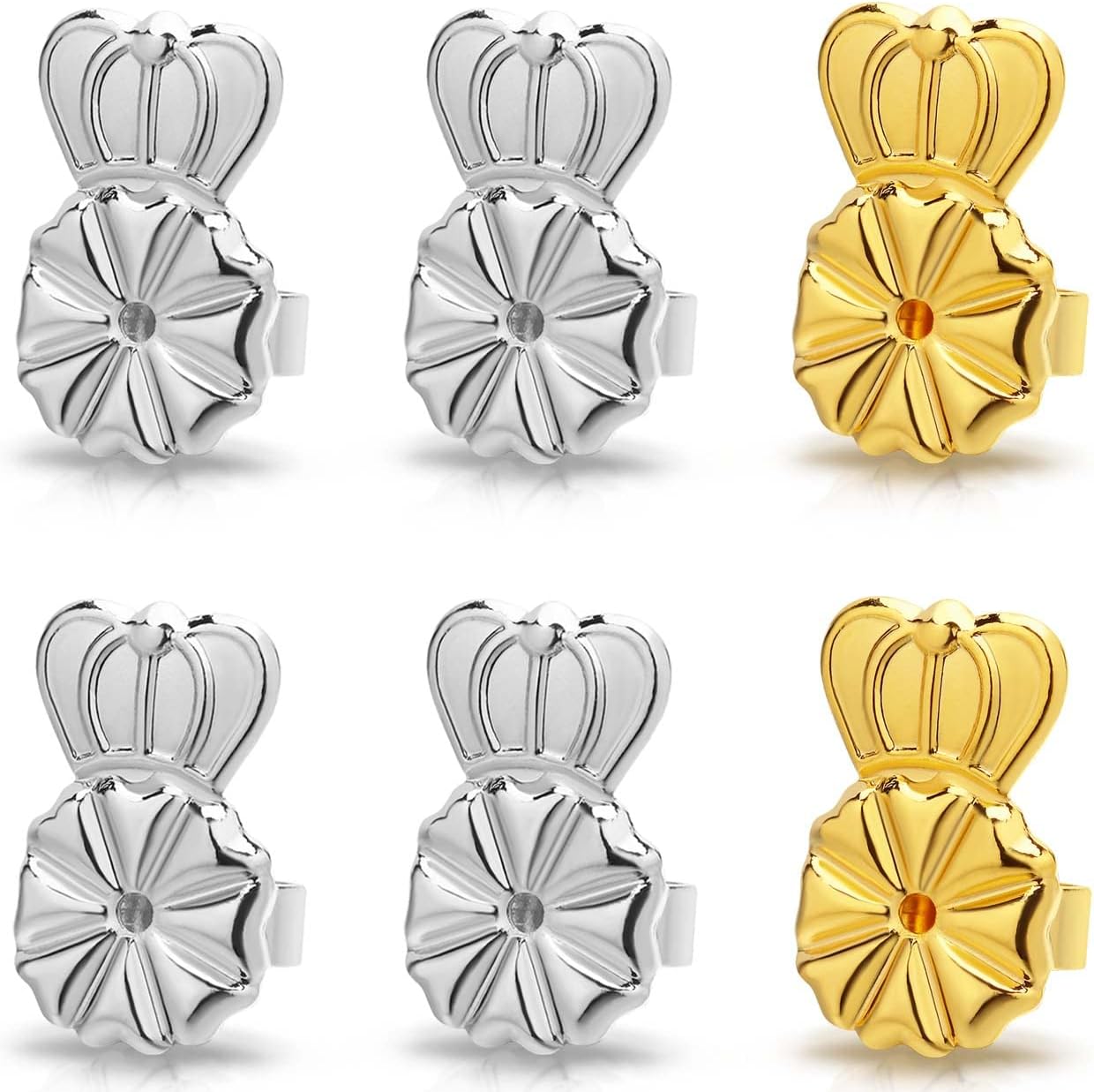 Kerryjewl 3 Pairs Adjustable Crown Earring Backs for Droopy Ears, Heavy Earrings - 18K Gold Plated Hypoallergenic Earring Lifters, Secure Studs (White+Gold)