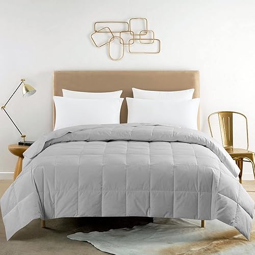 Feather and Loom - Manta de plumón de pato blanco de 233 hilos, cubierta de algodón transpirable, relleno de plumón de 600 hilos, color gris, tamaño