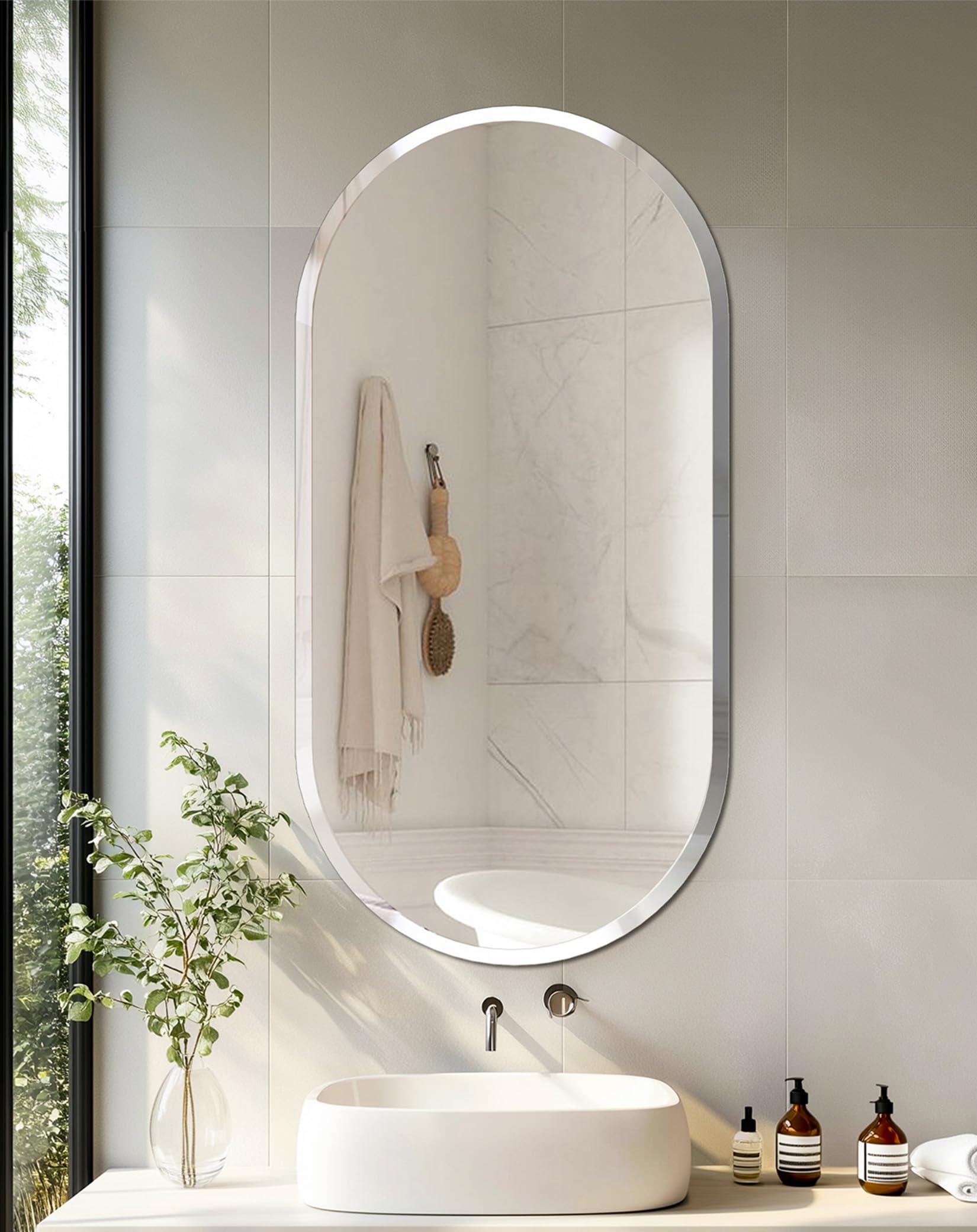 Artloge Specchio da Parete ingresso Bagno: 70x50cm Ovale Specchio Decorativo da Parete Moderno Senza Cornice Argento Vetro con Bordo Smussato per Camera Letto Corridoio Entrata