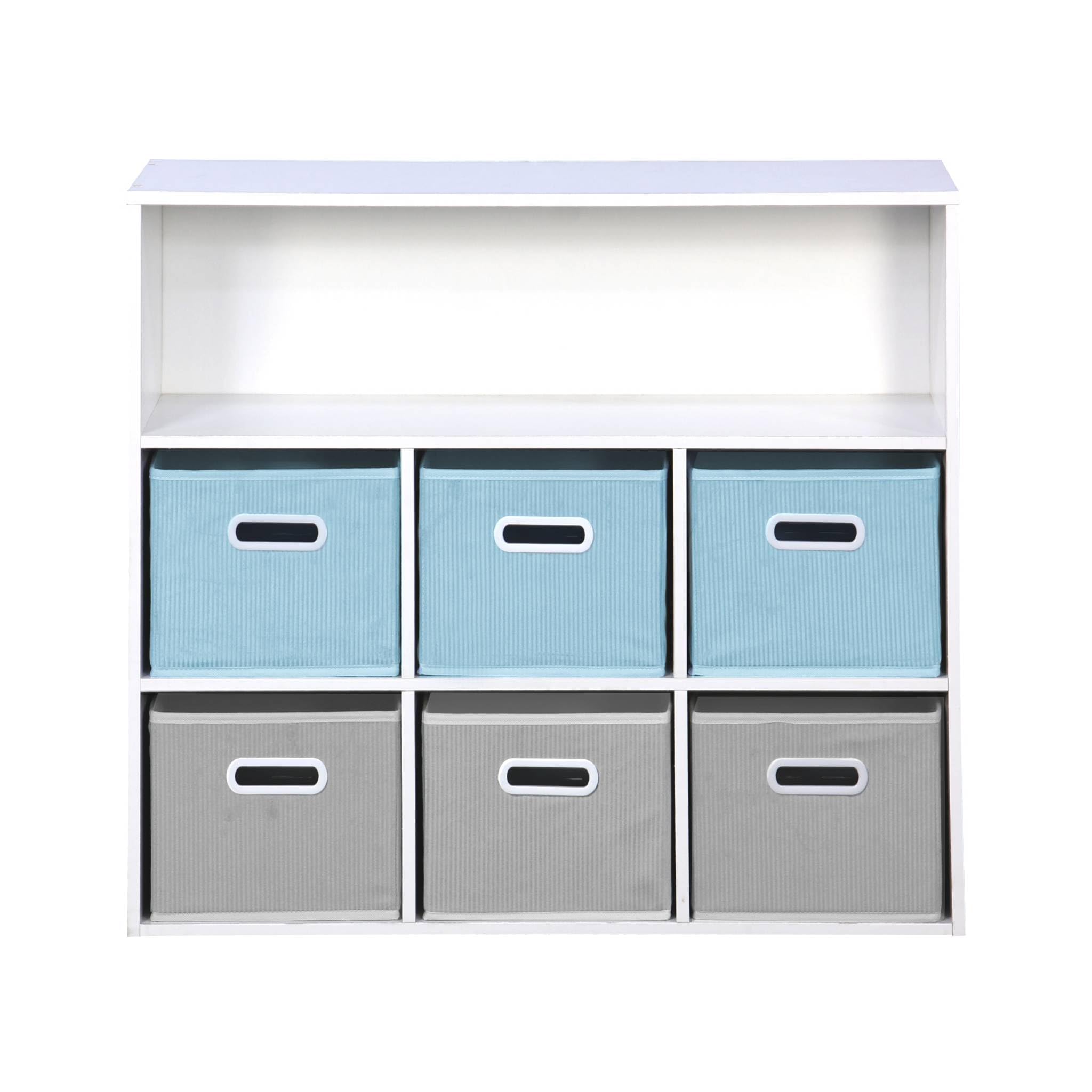 Libreria per bambini con 6 cestini in velluto, Camille, Blu, 129.5x76.2x70 cm