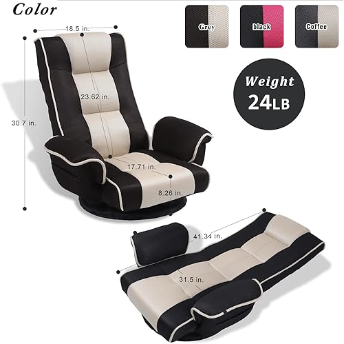 Miniatura 2 de FLOGUOR Silla giratoria de piso para juegos 360 con reposabrazos, silla de piso plegable multiángulo, respaldo acolchado, sofá perezoso para sala de