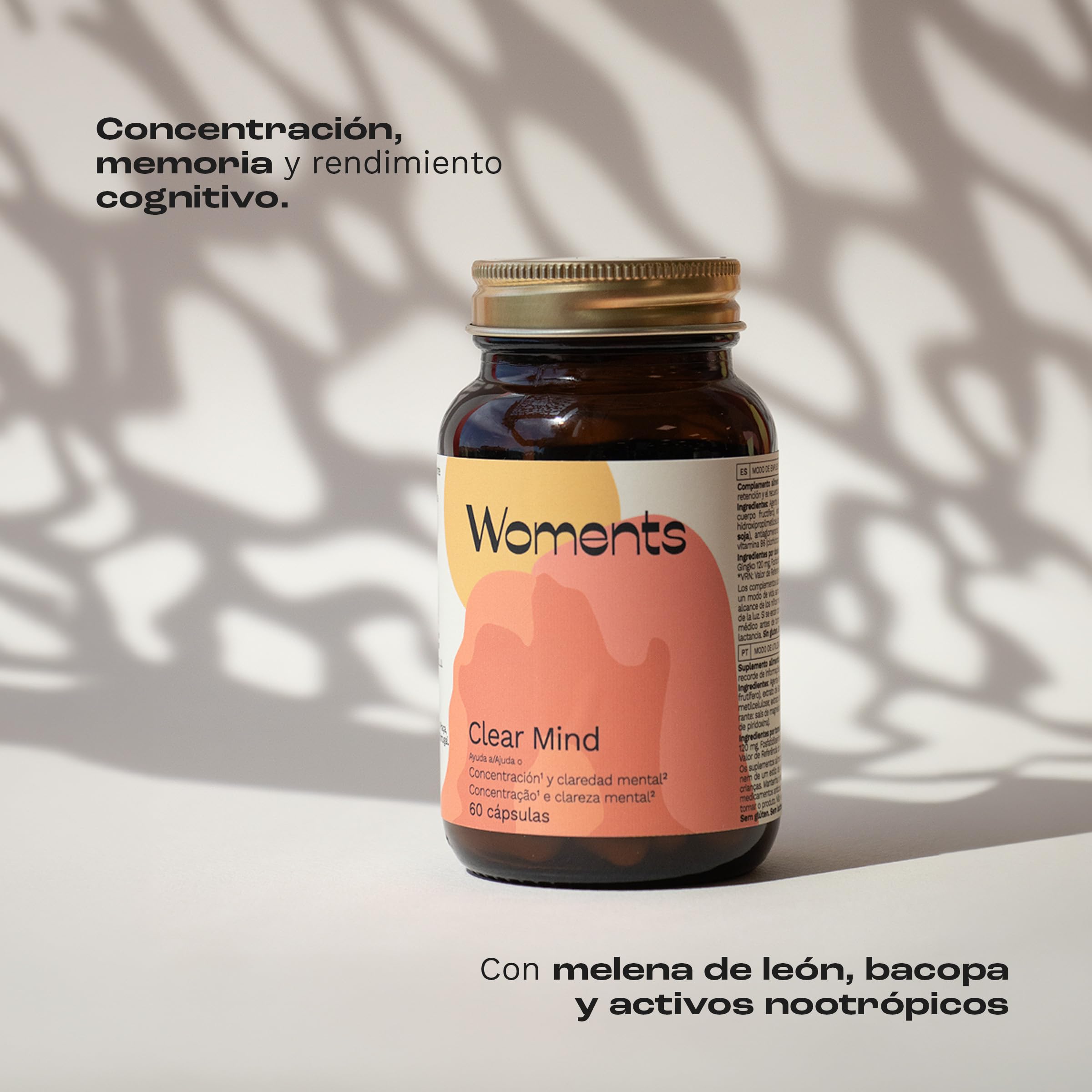 Clear Mind | 60 cápsulas | Concentración, Memoria, Claridad Mental | Menopausia | Bacopa, Melena de león, Ginkgo Biloba, Fosfatidilserina, Vitaminas B5,B6 | Niebla Mental
