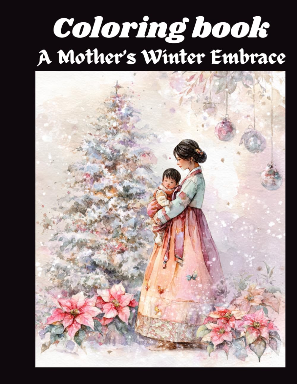 A Mother’s Winter Embrace: A Tender Watercolor Portrait of a Mother and Child Beneath a Snow lit Tree.