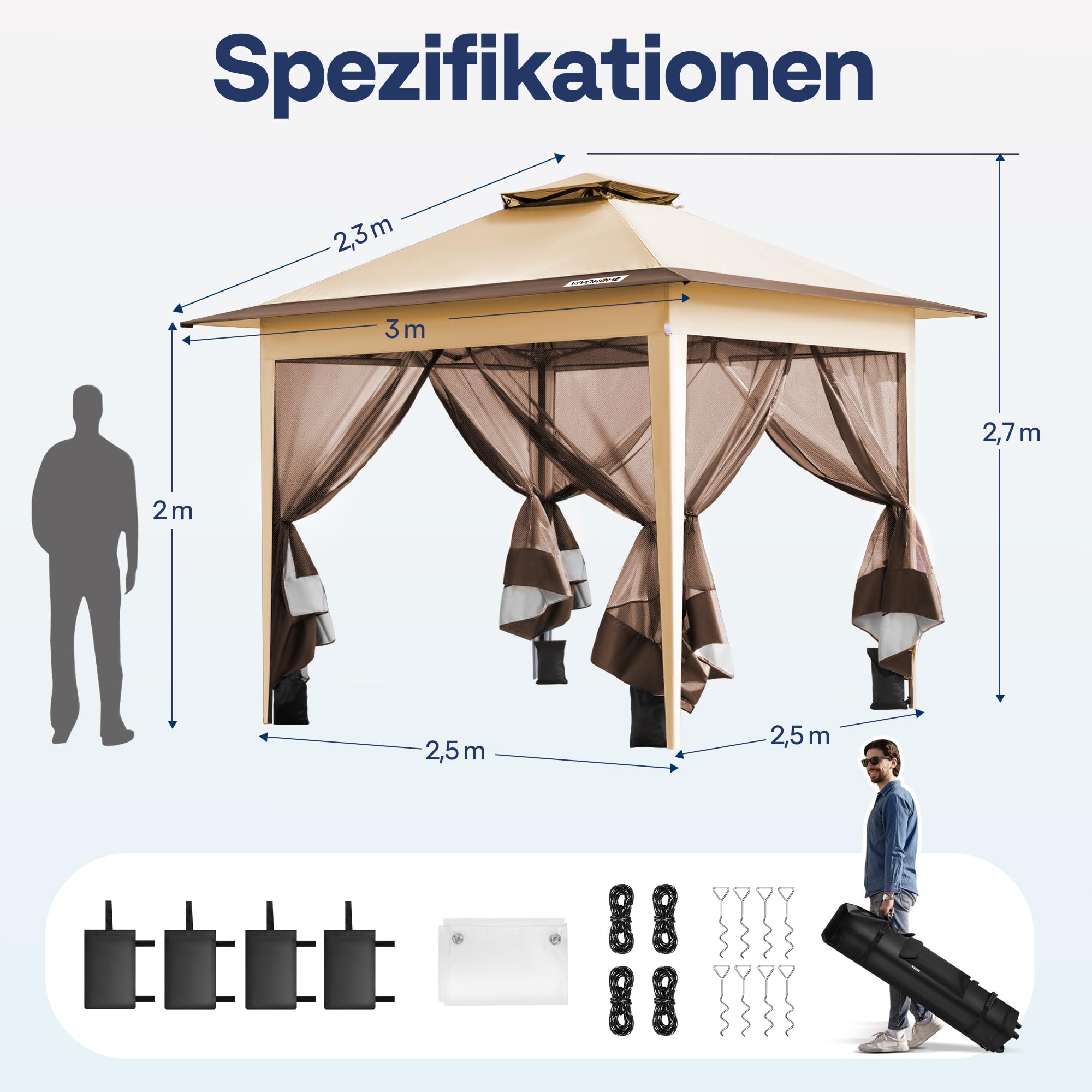 VIVOHOME Pavillon 3 x 3 m Zelt für Außenbereich wasserdicht mit Moskitonetz tragbare Rolltasche für Hof Camping Picknick Partys und Veranstaltungen
