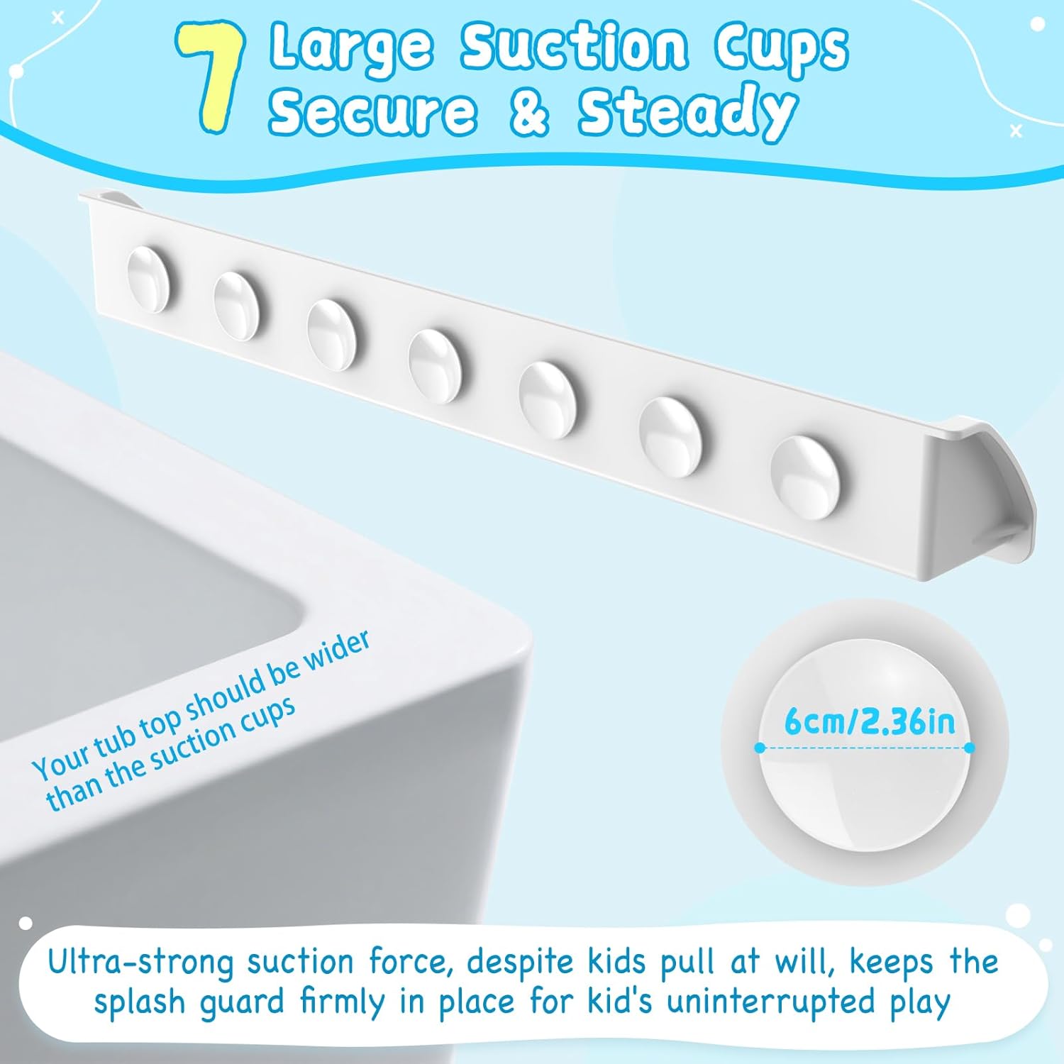 3 Ft Bathtub Splash Guard for Tub Kids, Bath Tub Toy Holder Storage Play Shelf, Longer Silicone Water Splash Guard for Bathtub with Strong Suction Cups, No Mess Water Spill in Bathroom, White