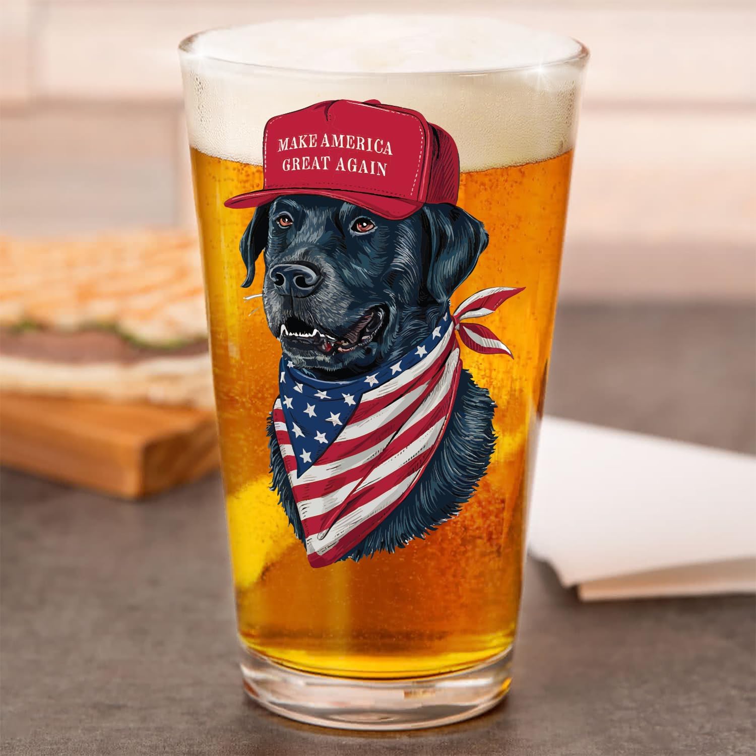 Patriots Cave Americana Black Lab 16 oz Beer Glass Gift for him - Made in the USA & Dishwasher Safe