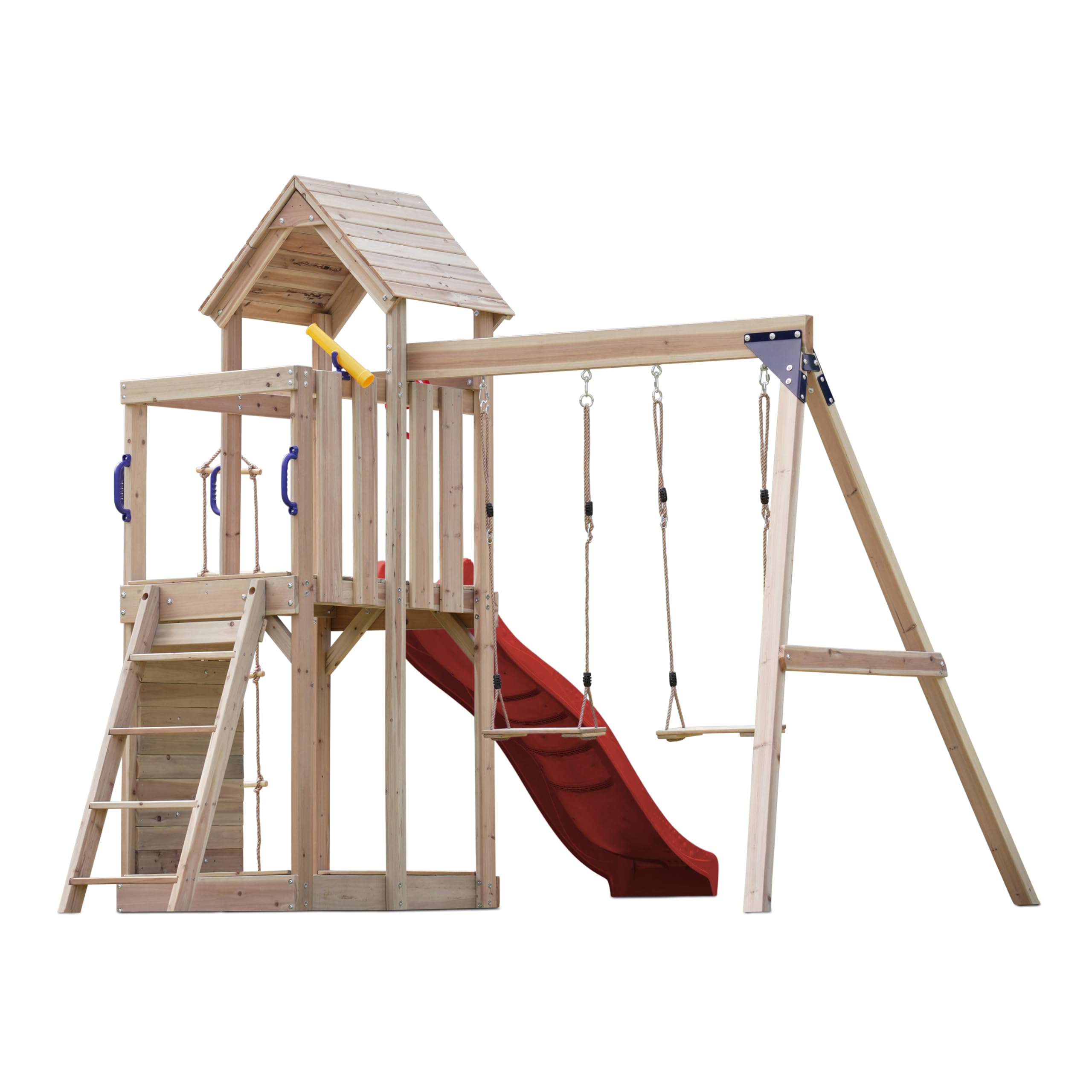 AXI Moos Spielturm aus Holz mit 2 Schaukeln & Strickleiter | XXL Spielhaus/Spielplatz für Kinder mit Kletterwand, Sandkasten & Rutsche in Rot | Schaukelgerüst für den Garten