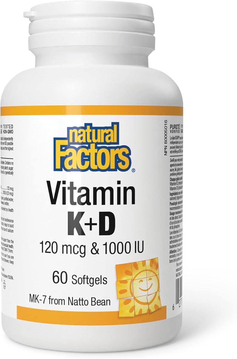 Natural Factors Vitamin D 1000 IU and Vitamin K2 Supplement 120 mcg, 60 Softgels, HIGH POTENCY, MK-7 from Natto Beans, Immune Support, Vitamin D3 Supplement, Proudly Canadian