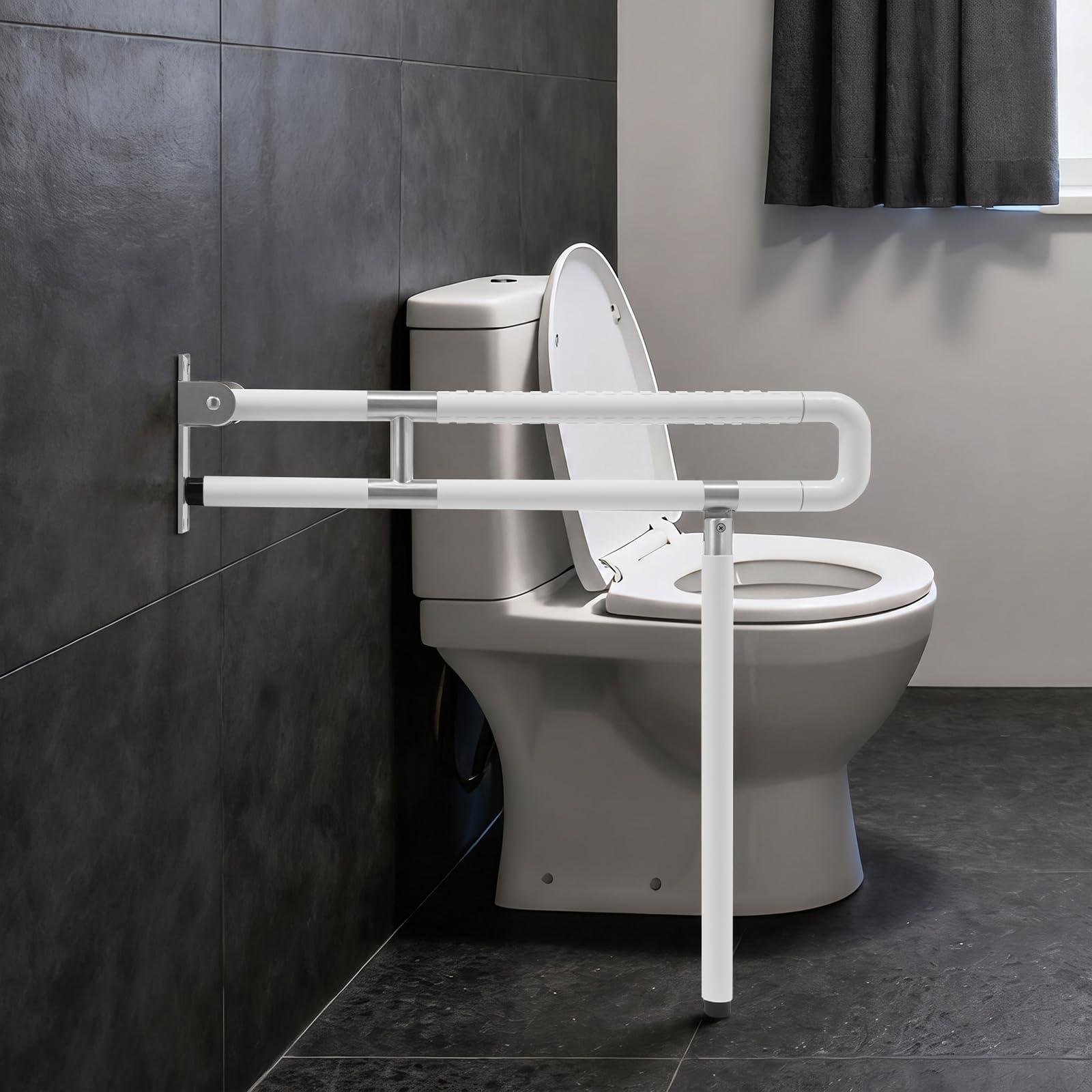 Barra de apoyo de baño abatible, mango de seguridad para inodoro de pared de nailon y acero inoxidable, soporte plegable antideslizante de carga 300 kg, para inodoro de ducha de casa