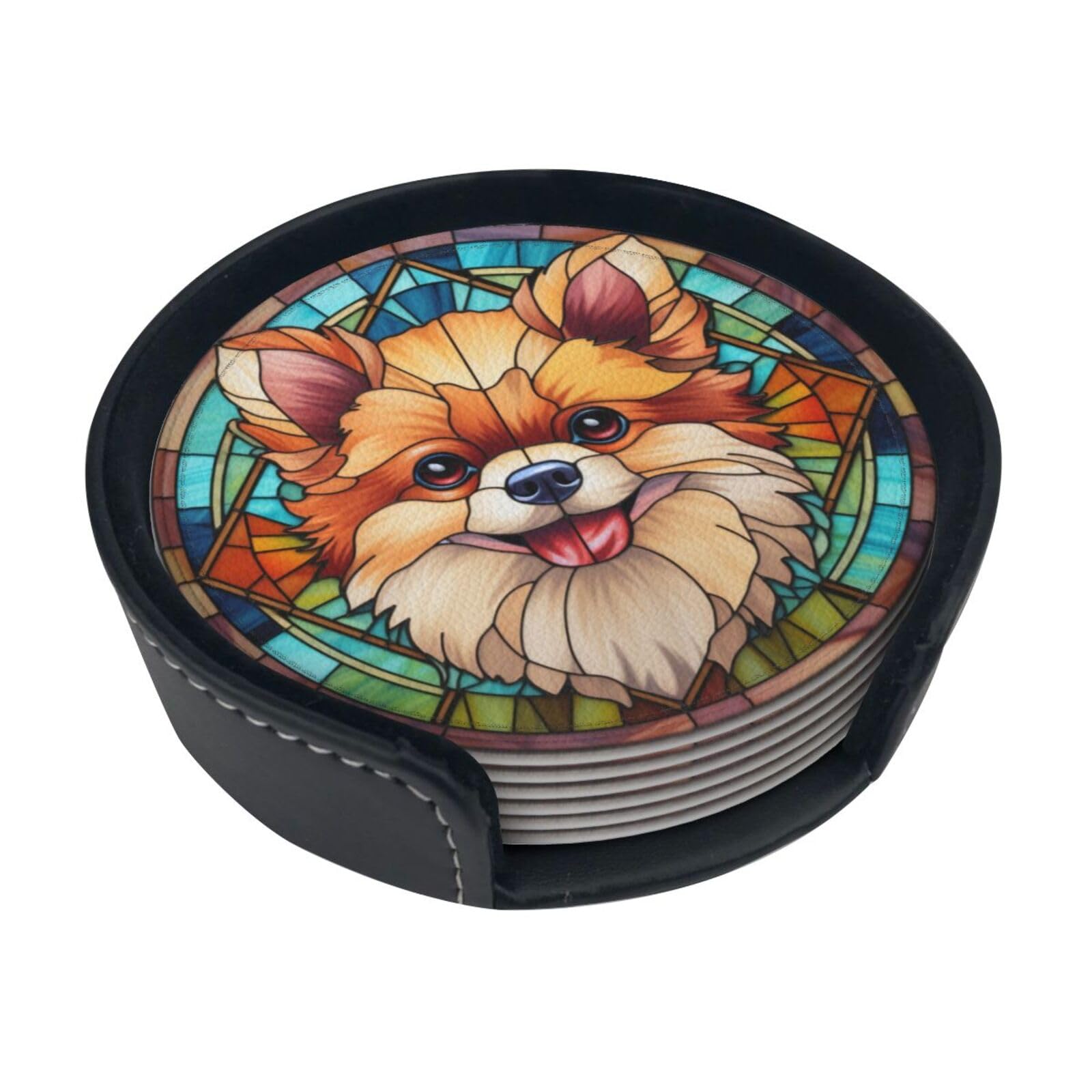 Dessous de verre chien Poméranie en cuir - Lot de 6 avec support pour bar et table