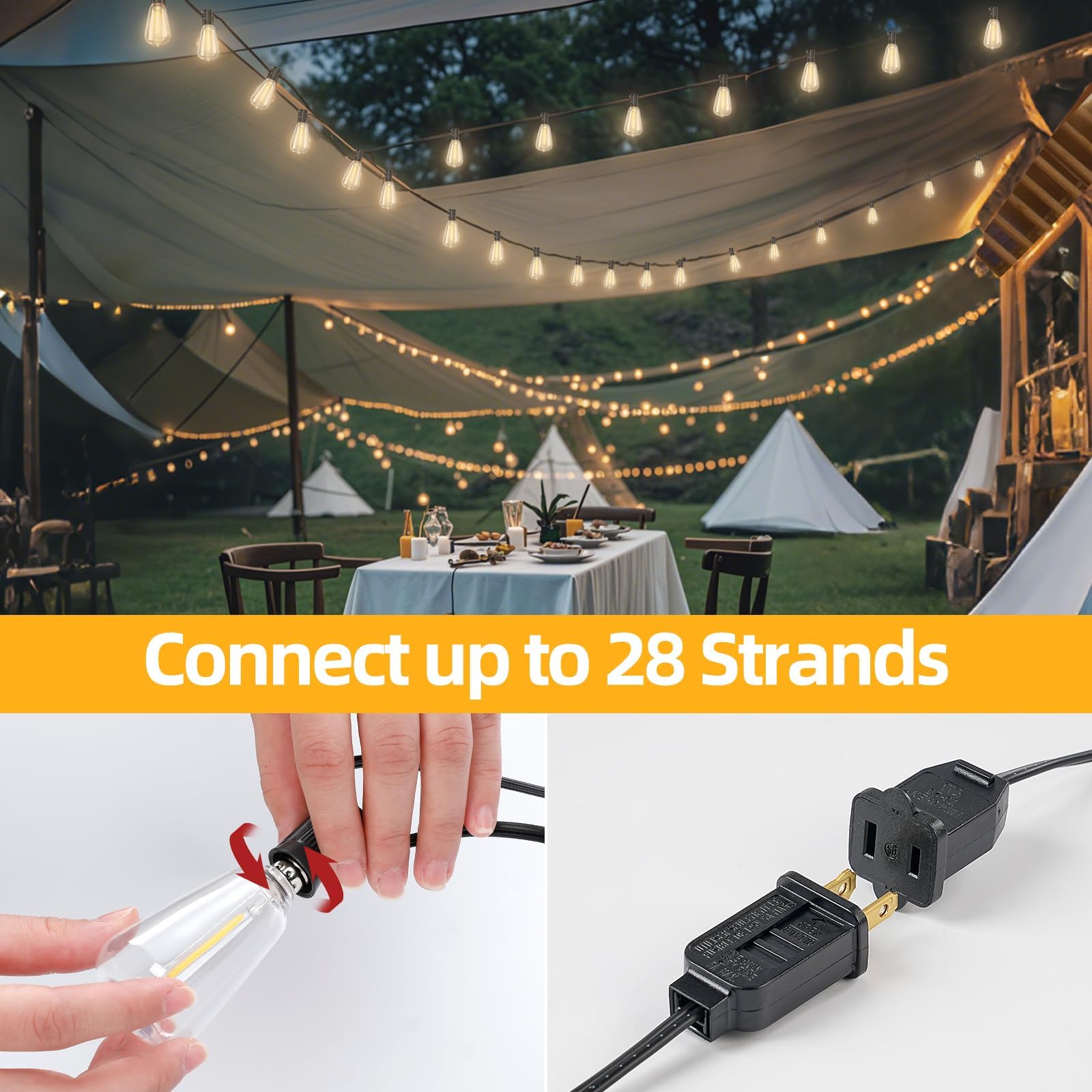 Cadena de luces LED para exteriores de 50 pies con 25 + 2 bombillas de repuesto, casquillo E12, blanco cálido de 2700 K, para patio, boda, camping, porche, cubierta, cenador
