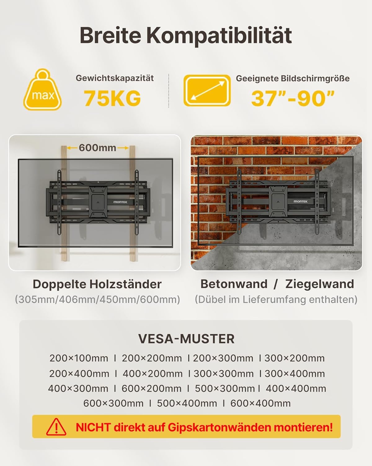 monTEK TV Wandhalterung 638 mm für 37-90 Zoll bis 75 kg, max VESA 600x400 | 2026 neu,Stabile doppelte Gelenkarme,638 mm Auszug,Montageset,Schwenkfunktion,Werkzeuglose Neigung