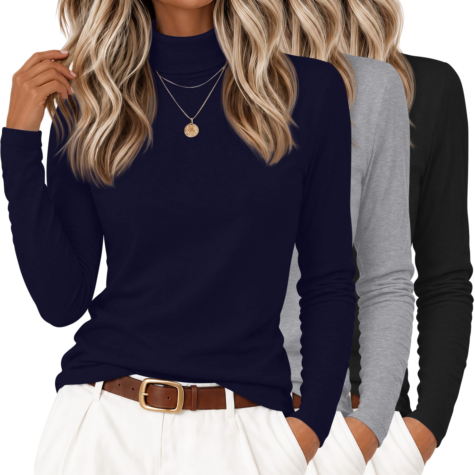 Neer 3 Pack Womens Cotton Turtleneck Long Sleeve Thermal Top, Size L, 3-Color