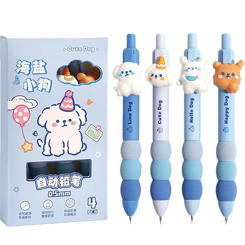 MOZXIRZ 4 Pcs Cute Mechanical Pencils 0.5mm Cartoon Puppy Mechanical Pencil Kawaii Soft Grip Mechanical Pencils School Pencil for Students Women (Puppy)