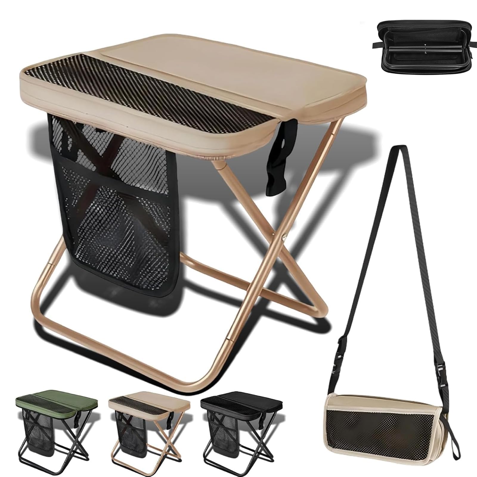 Portable Folding Camp Stool with Side/Storage Pocket, Large Foldable Backpack Stool for Adults, Compact Folding Seat, for Camping/Fishing/Hiking/Travel/Picnic Khaki