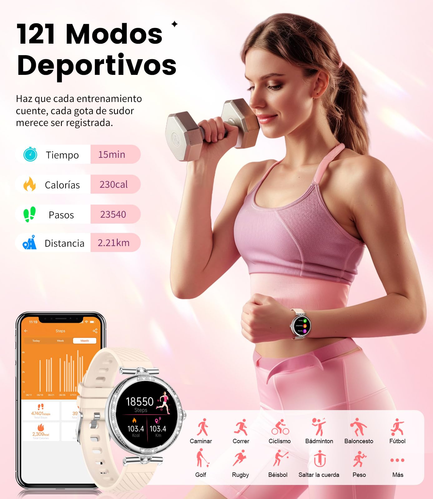 Reloj Inteligente Mujer con Llamadas Bluetooth, Pantalla AMOLED 1.19" HD,Monitor de Ritmo Cardíaco y Sueño,SpO2, 100+ Modos Deportivos,IP68 Resistente al Agua,Smartwatch Compatible con Android y iOS